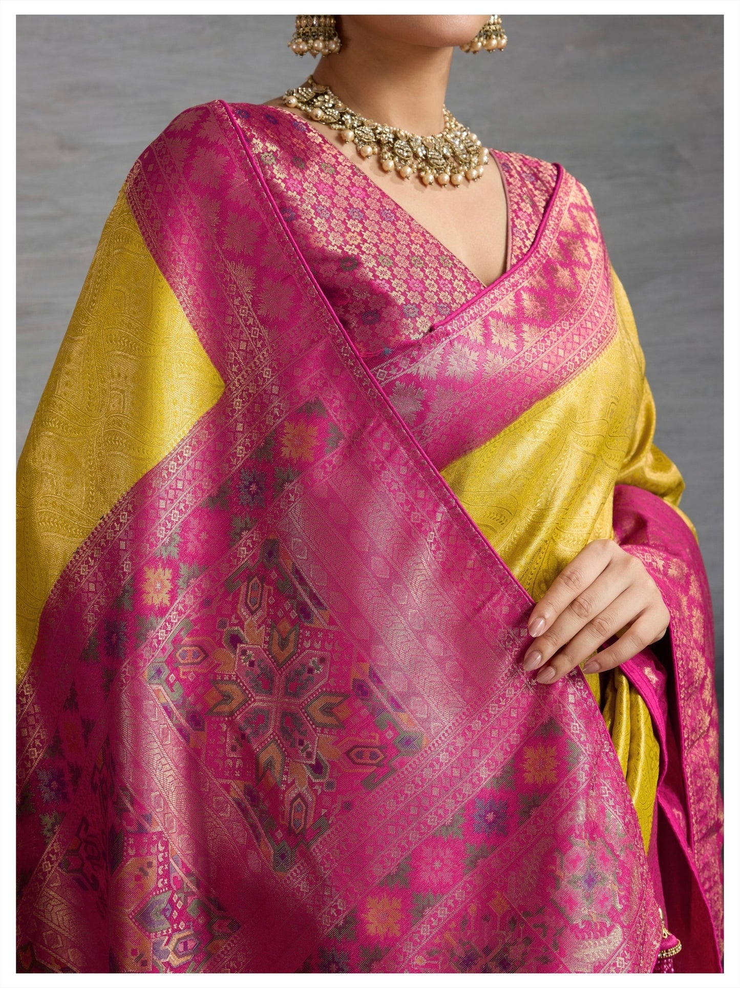 Kanjivaram Soft Silk Saree with Double Zari Kadiyal Border, Meenakari Pallu and Brocade Blouse
