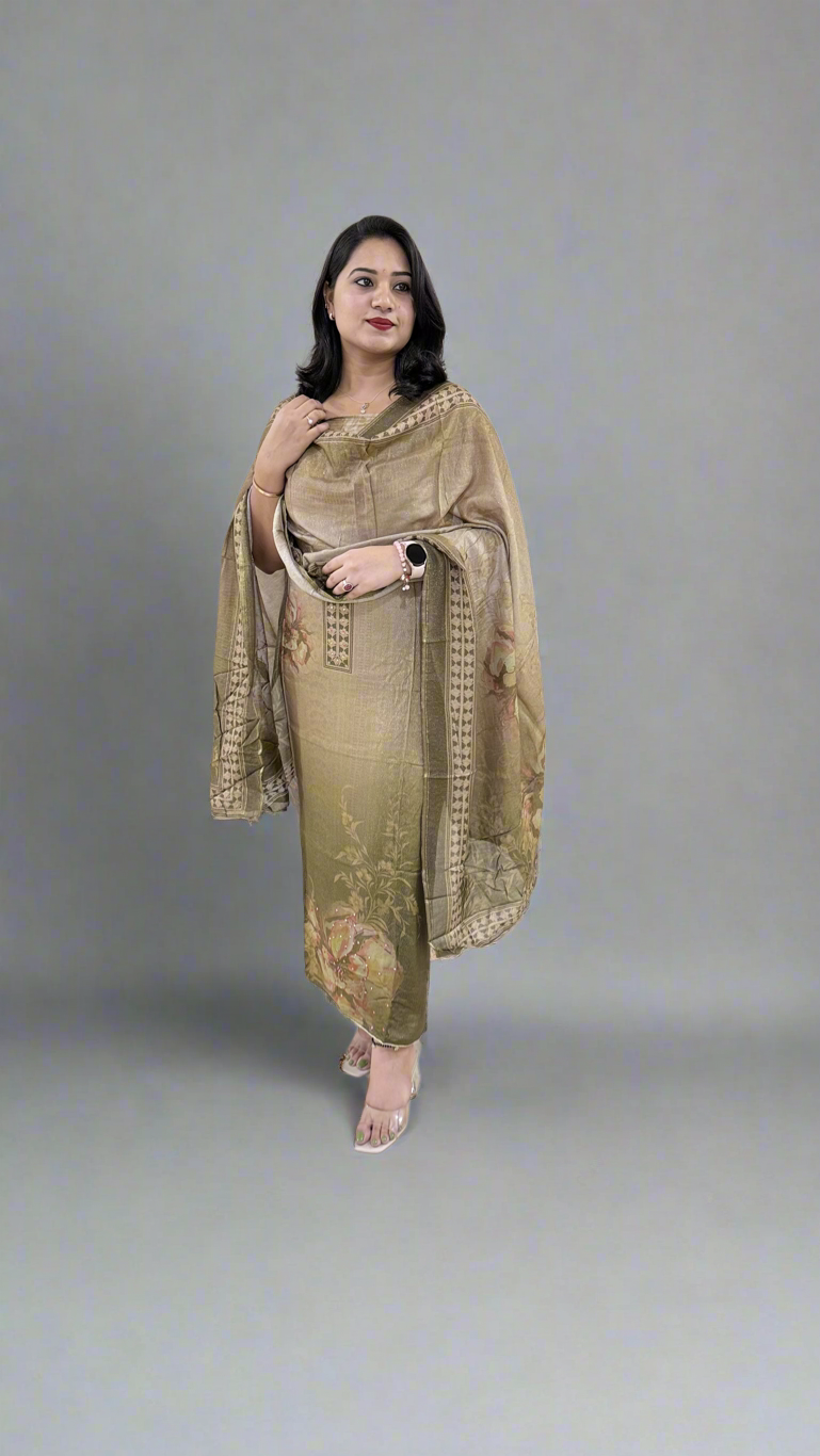 Pure Viscose Muslin Shimmer Fabric with Digital Printing, featuring Heavy Aari Sequence Mirror Work