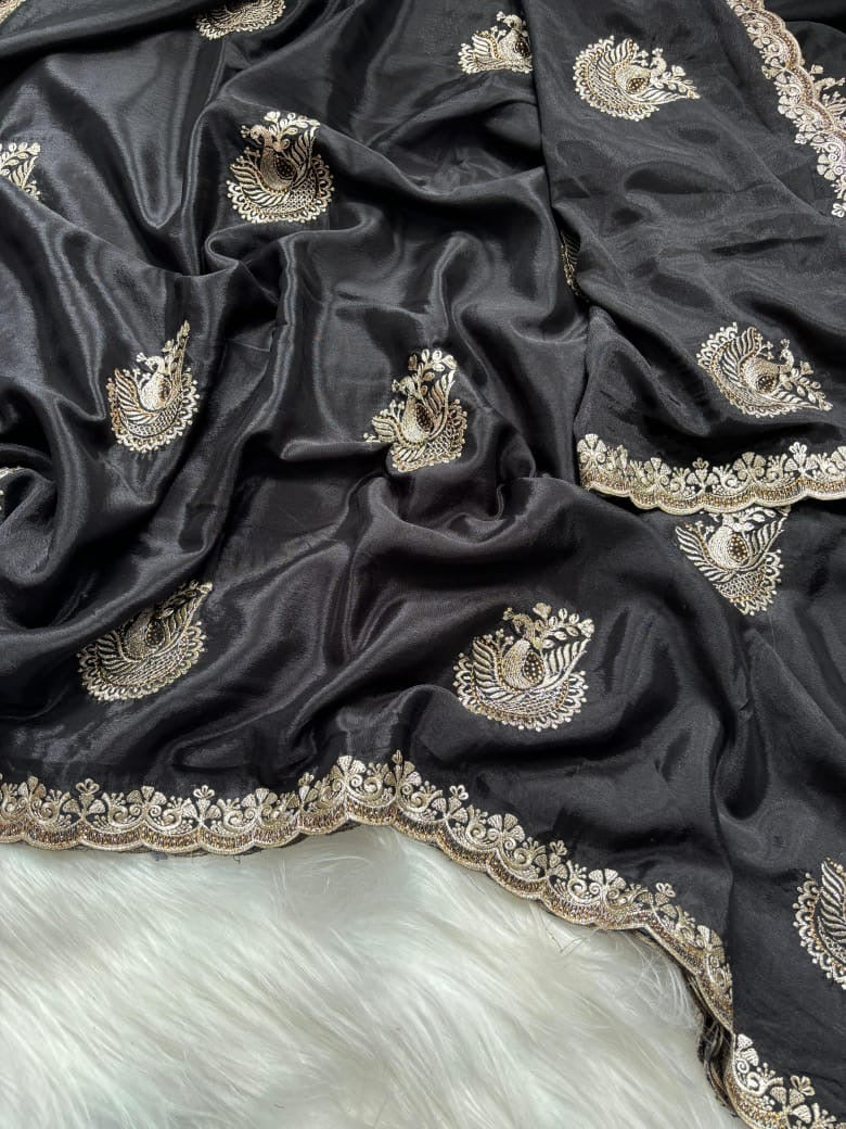 Embroidered Chinnon Fancy Saree