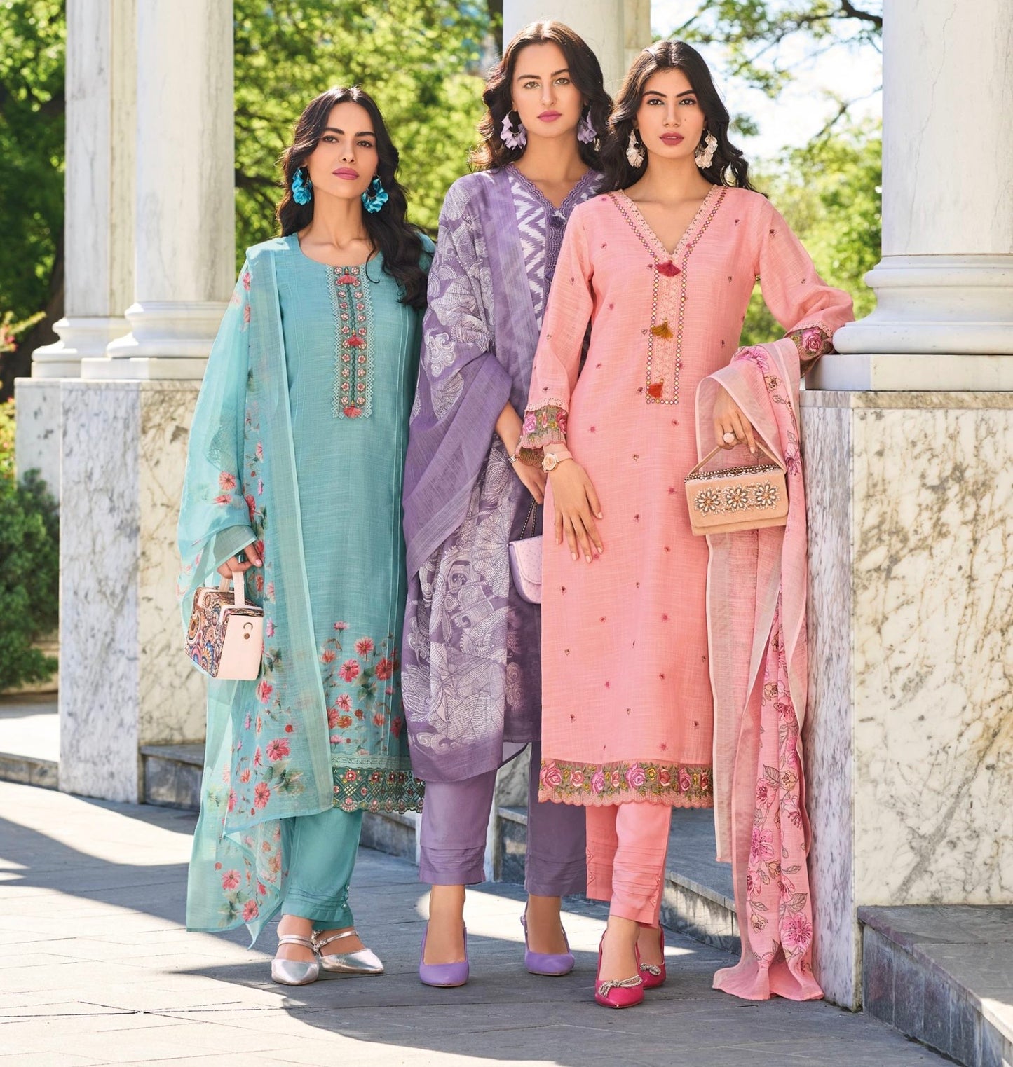 Pure linen fabric with digital prints, pure hand-thread work, and accessory work