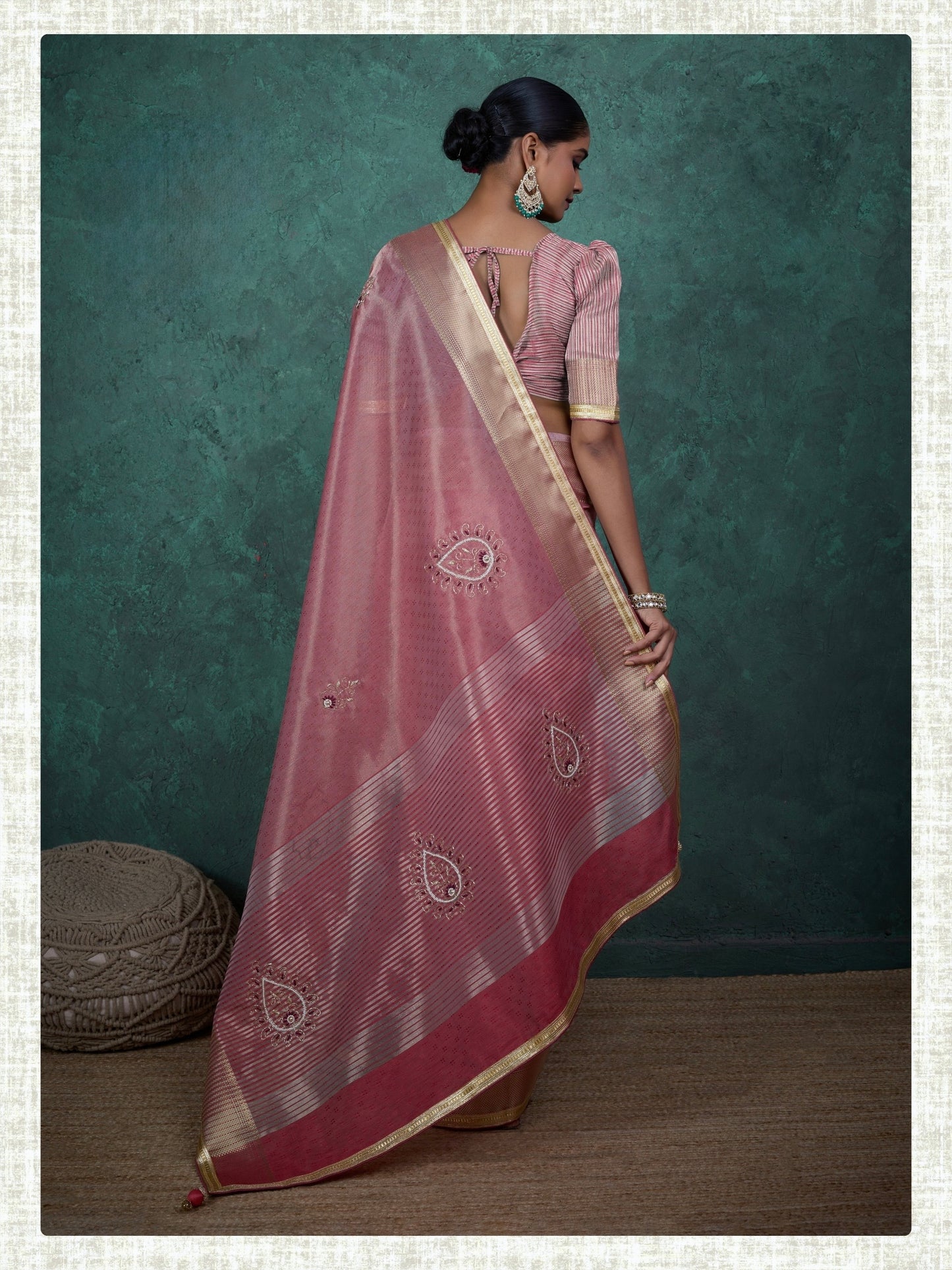 linen tissue saree with handwork motifs, lace detailing, and designer blouse – lightweight ethnic wear for women