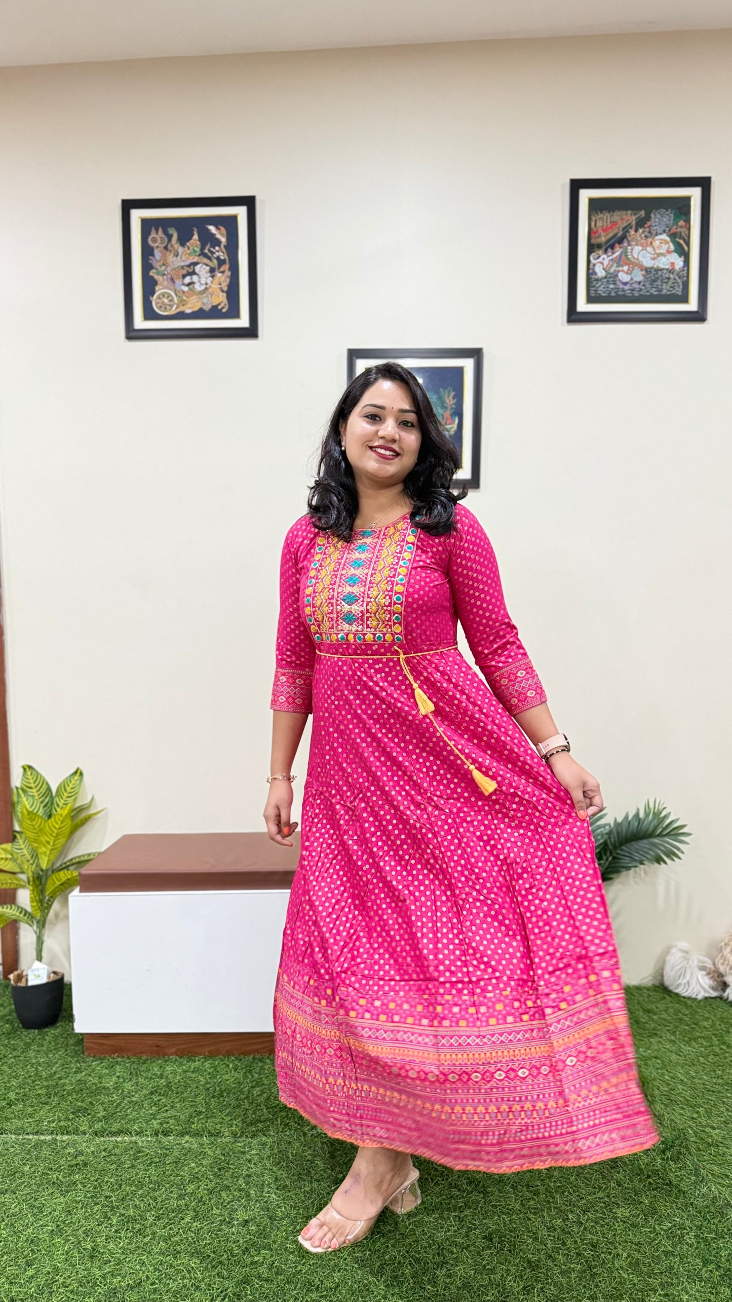 Rayon Foil Print Anarkali Gown with Embroidered Neck and Belt – Liva Tag – Sizes M to 3XL