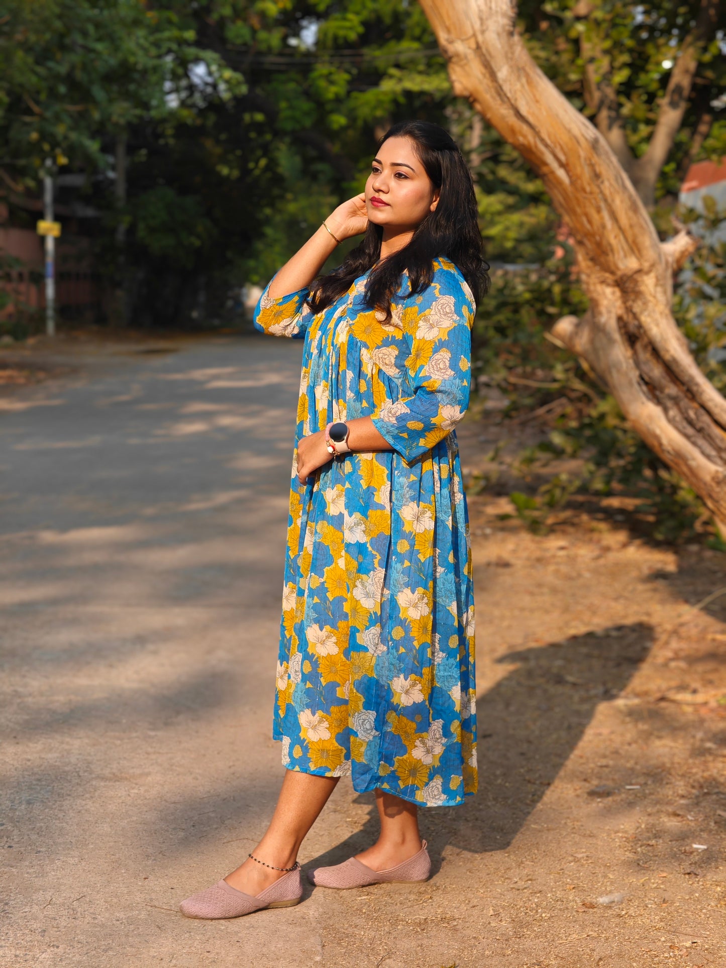 Blue Chiffon Lurex Floral Printed Flared Dress