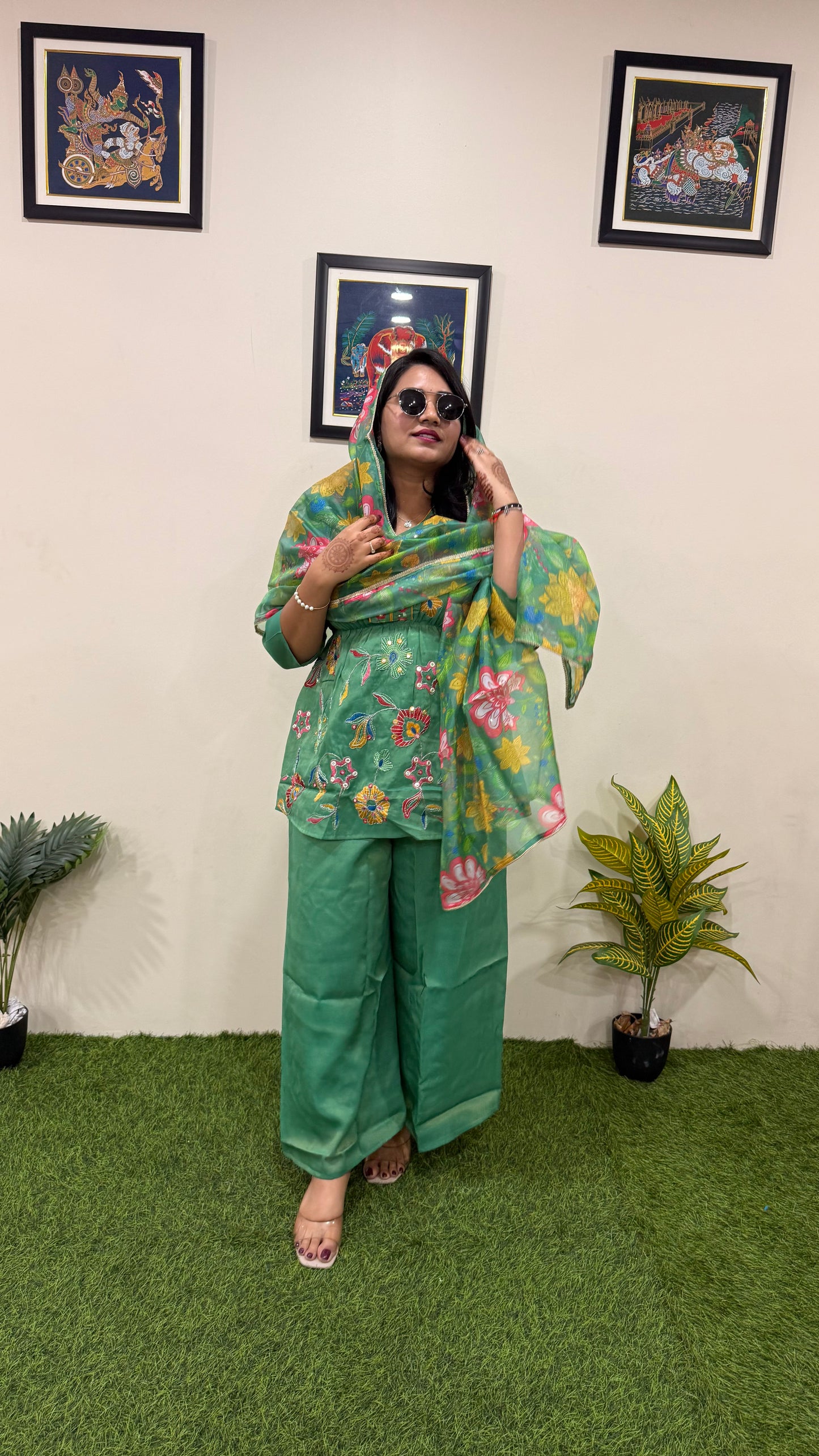 Viscose Shimmer Zari Silk Kurta Plazo Dupatta Set with Handwork and Digital Print Dupatta – Sizes XL to 3XL