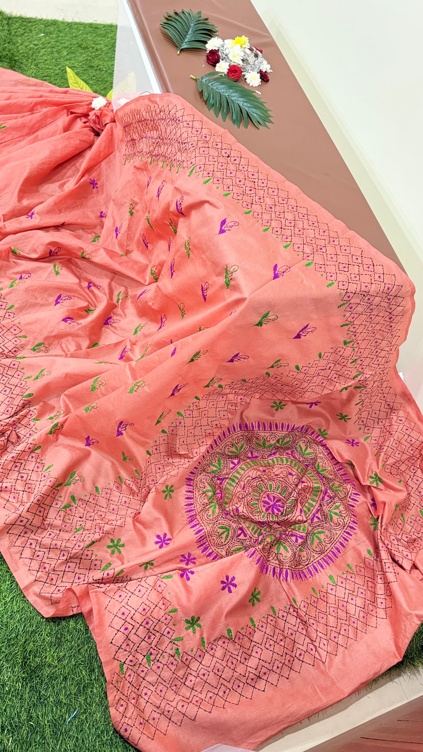 Assam Silk Saree with Kantha Stitch Hand Embroidery and Matching Blouse – Women’s Ethnic Wear