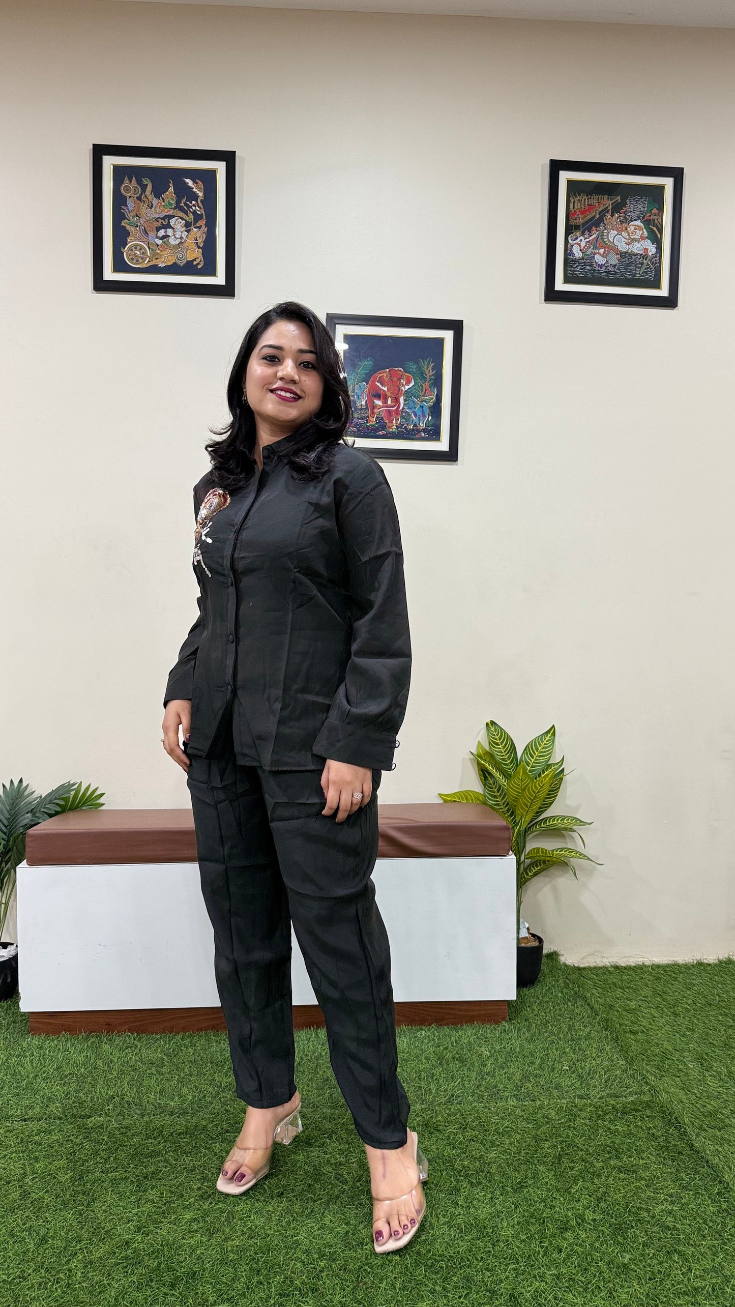 Women's Pure Silk Black Co-ord Set with Sequin Floral Embroidery and Straight Pants