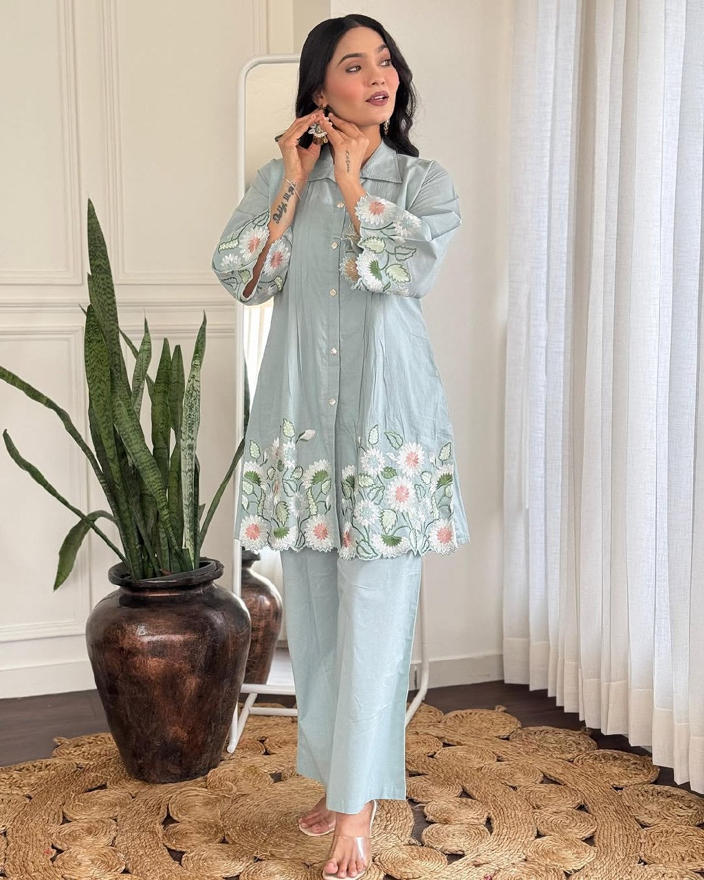 Mani’s Fashions – Embroidered Cotton Kurta Pant Set