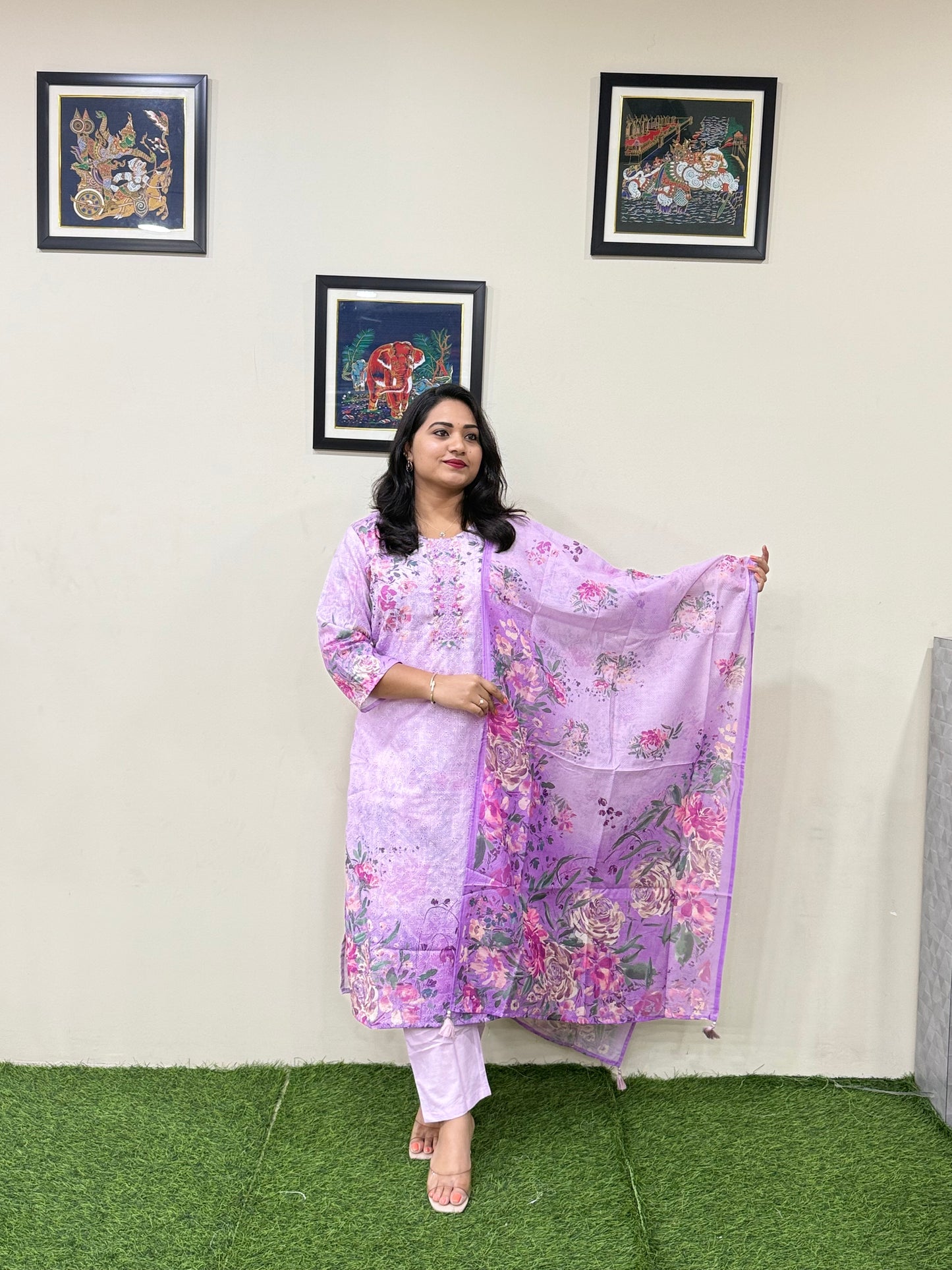 Women’s Linen Schiffli Embroidered Kurta Set with Cotton Pant and Viscose Mal Dupatta – L to 3XL