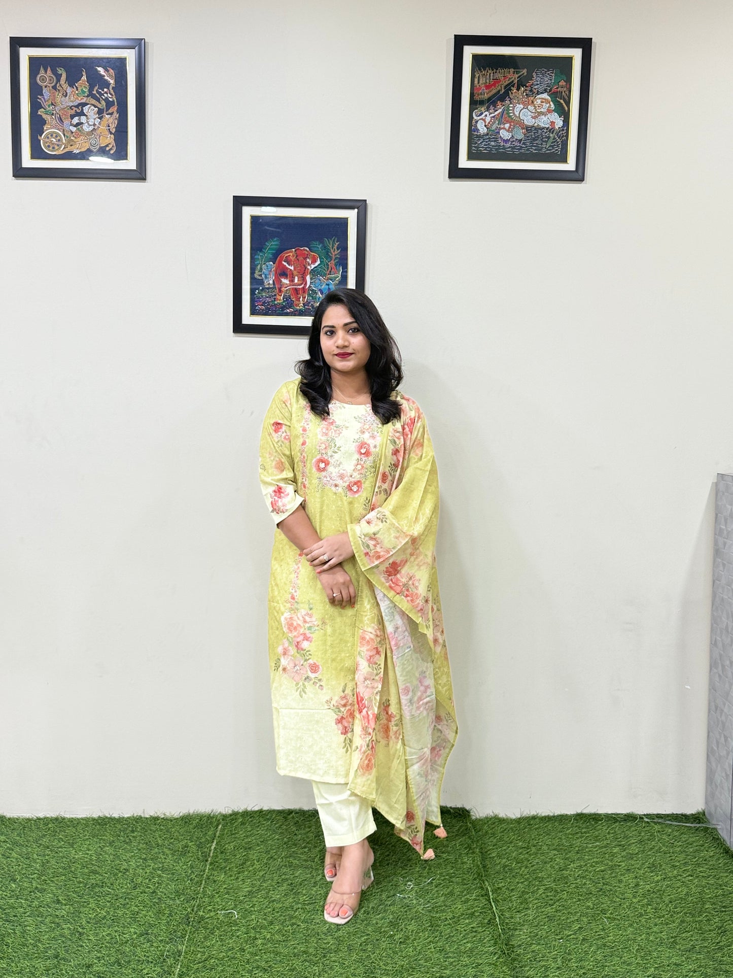 Women’s Linen Schiffli Embroidered Kurta Set with Cotton Pant and Viscose Mal Dupatta – L to 3XL