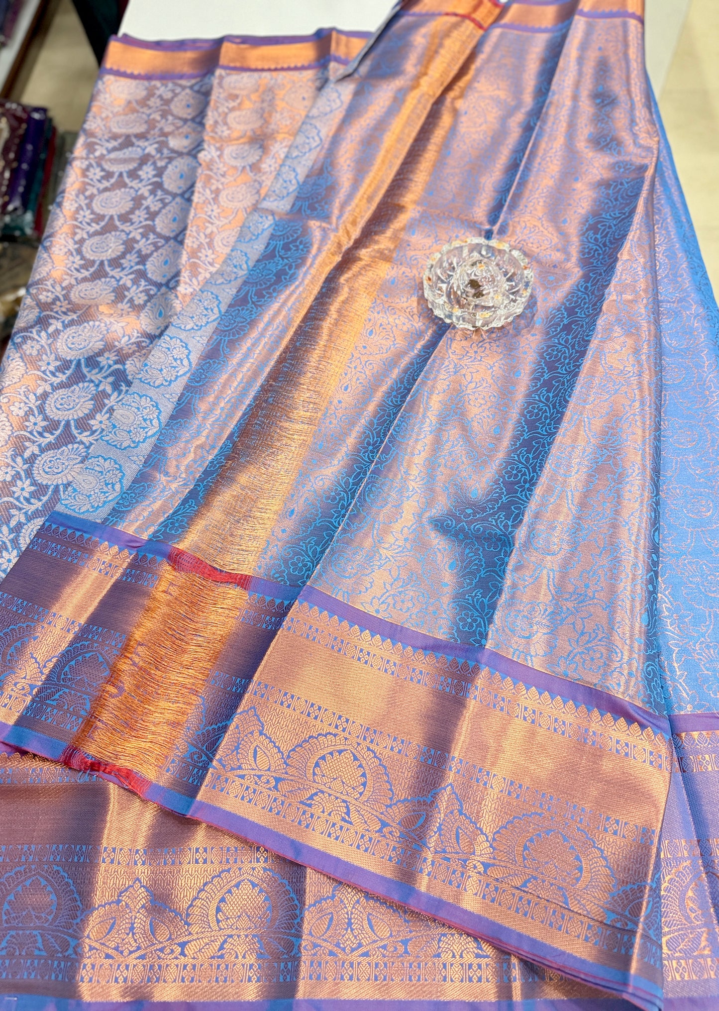 Bridal tissue saree for women with woven zari work and contrast border, kanchipuram style powerloom saree with blouse fabric