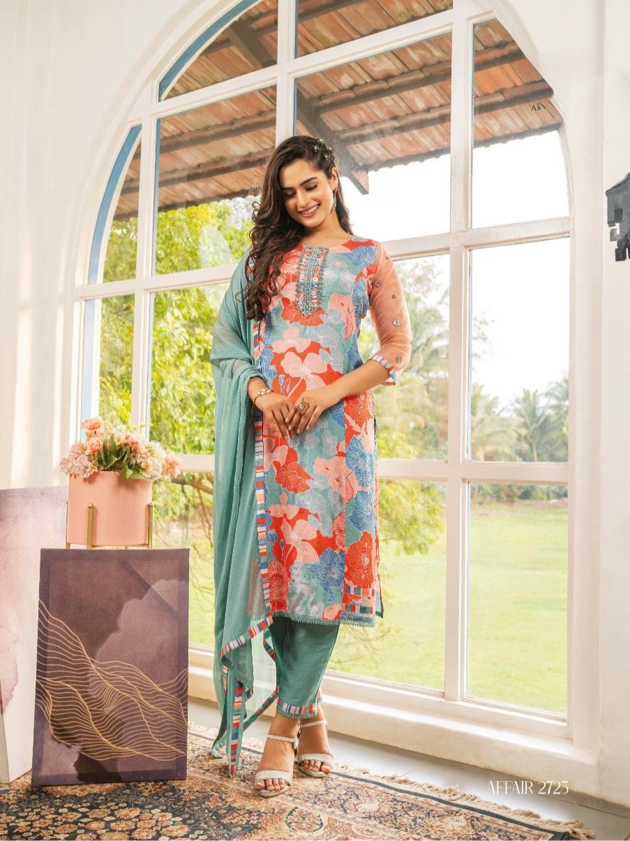 Viscose Satin Silk Kurti Pant Dupatta Set with Digital Print and Hand Embellishments for Women – XL to 3XL