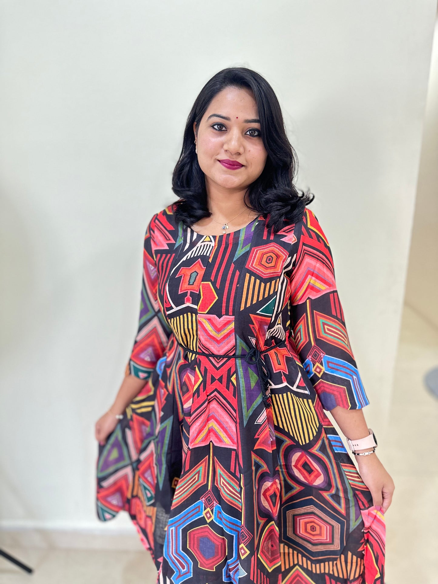 Vibrant Indo-Western Cotton Linen Midi Dress with Geometric Print