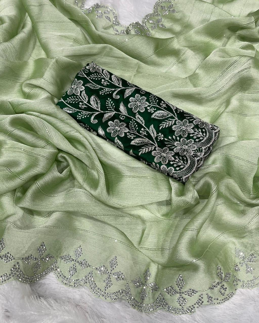 New Arrivals: Stunning Chiffon Georgette Saree with Zarkan Diamond Cut Work