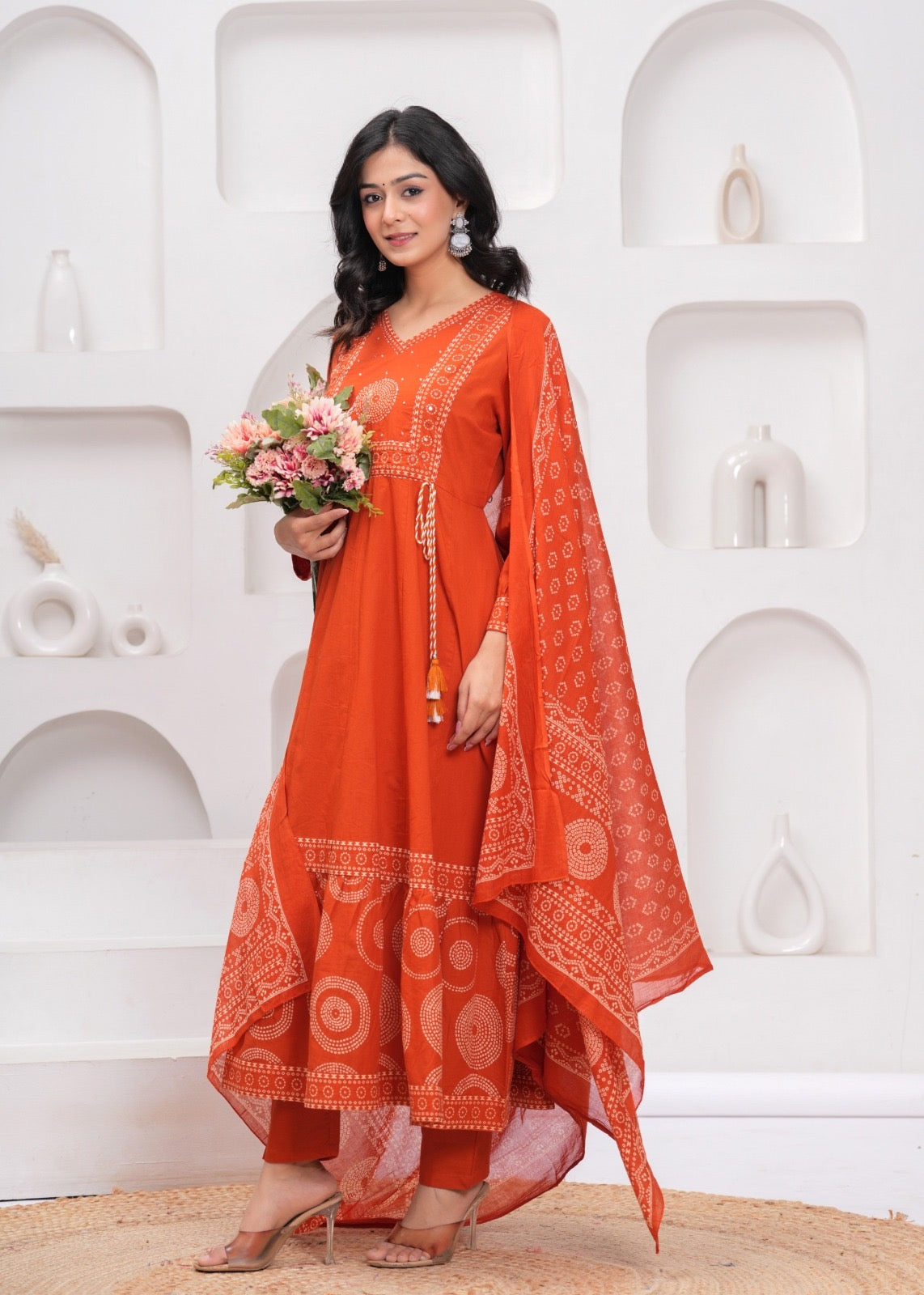 elegant rust cotton kurta set with mirror & sequin hand detailing