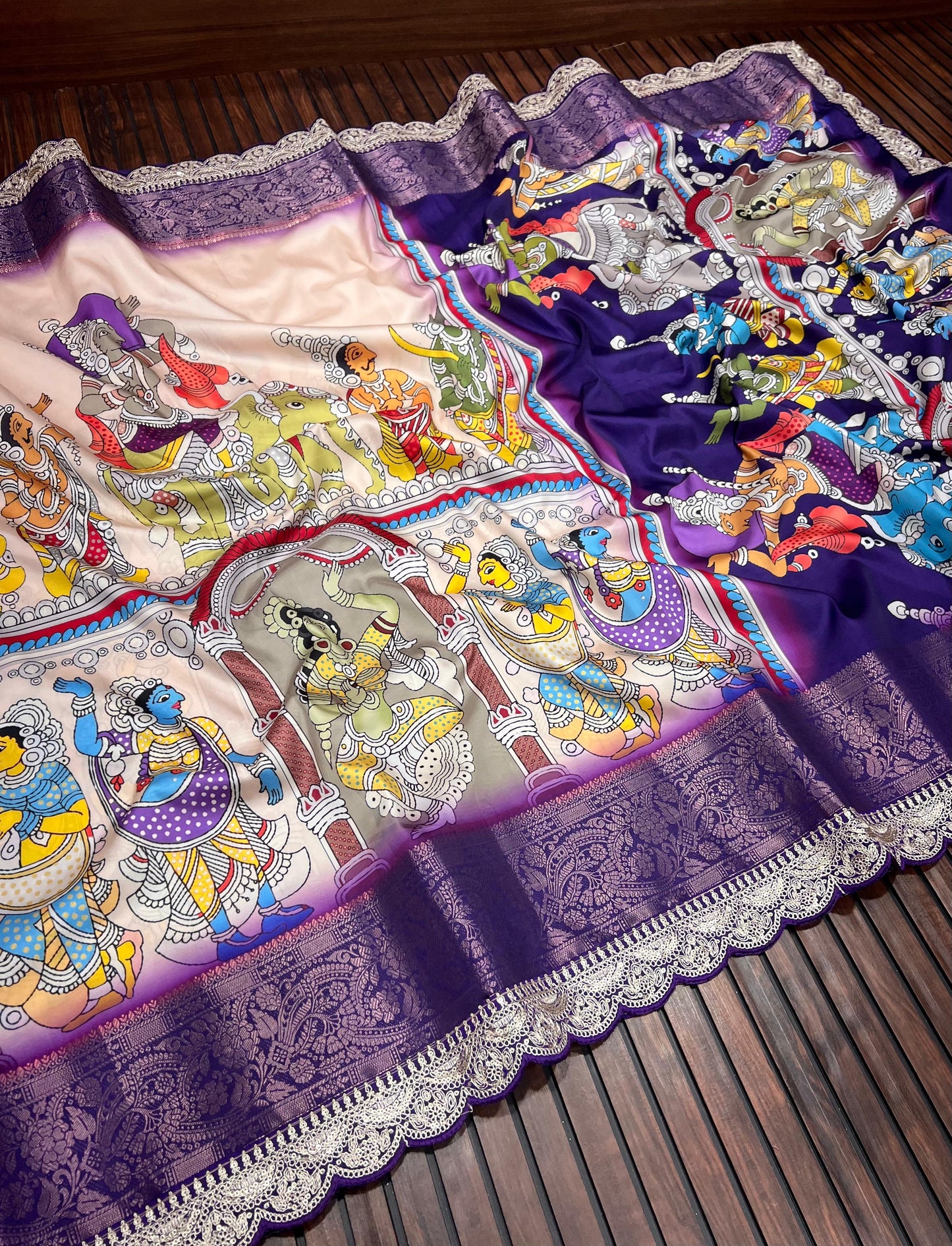 Pure Dola Lichi Soft Silk Saree Pure Pichwai Print Kalamkari High-Quality HD Digital Printing with Heavy Coding Sequence