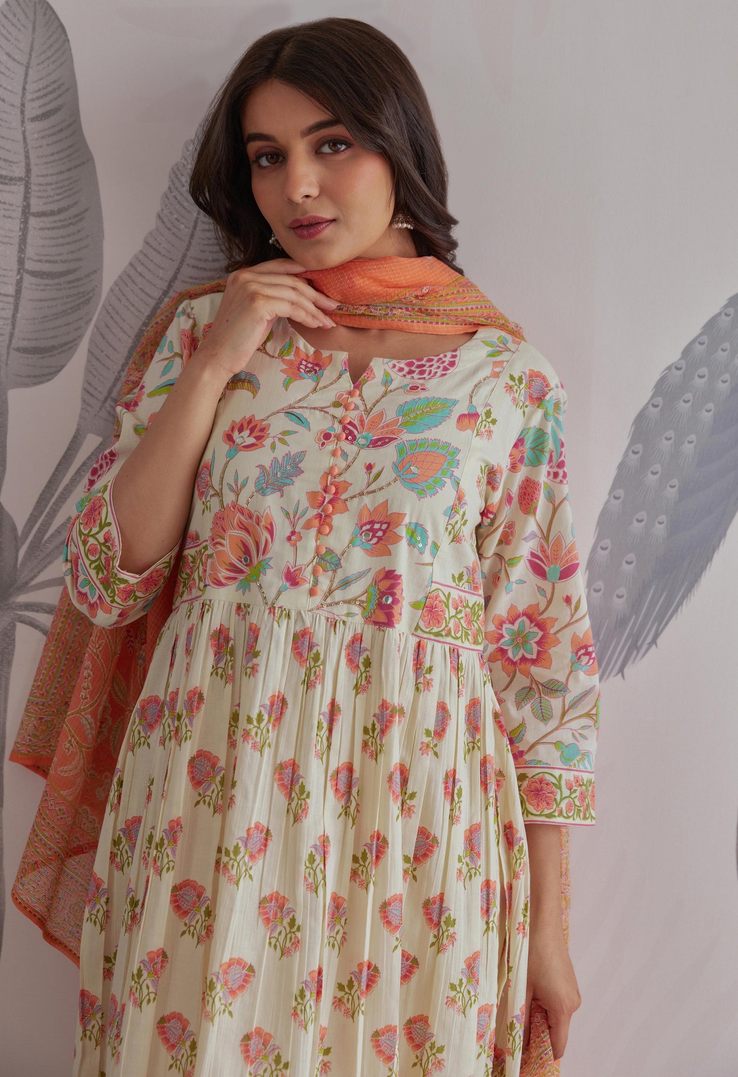 Cotton Anarkali Kurta Pant Dupatta Set with Ethnic Detailing for Women