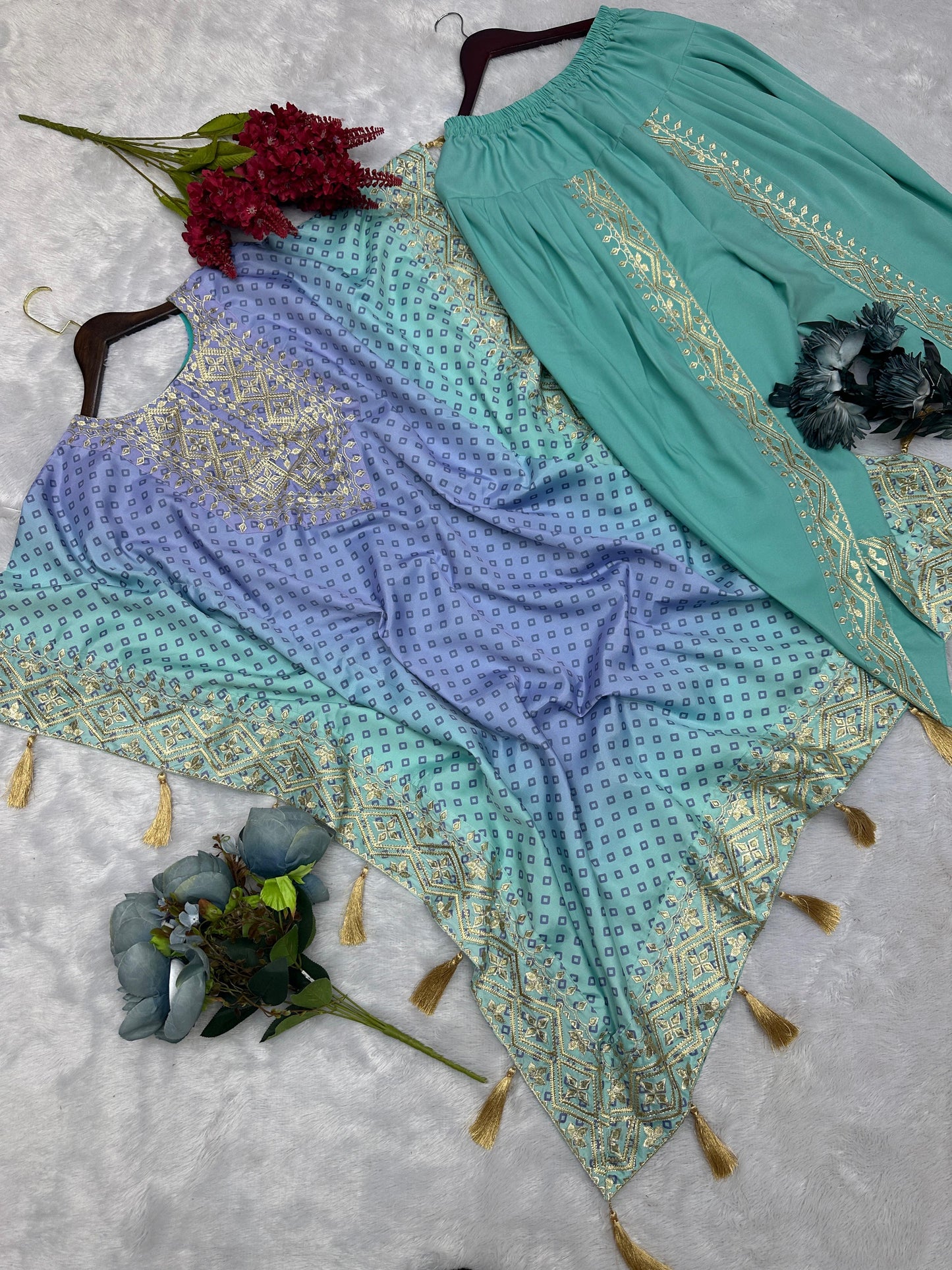 Stunning Embroidery Work Pure Chinon Silk Kaftan with Dhoti Set