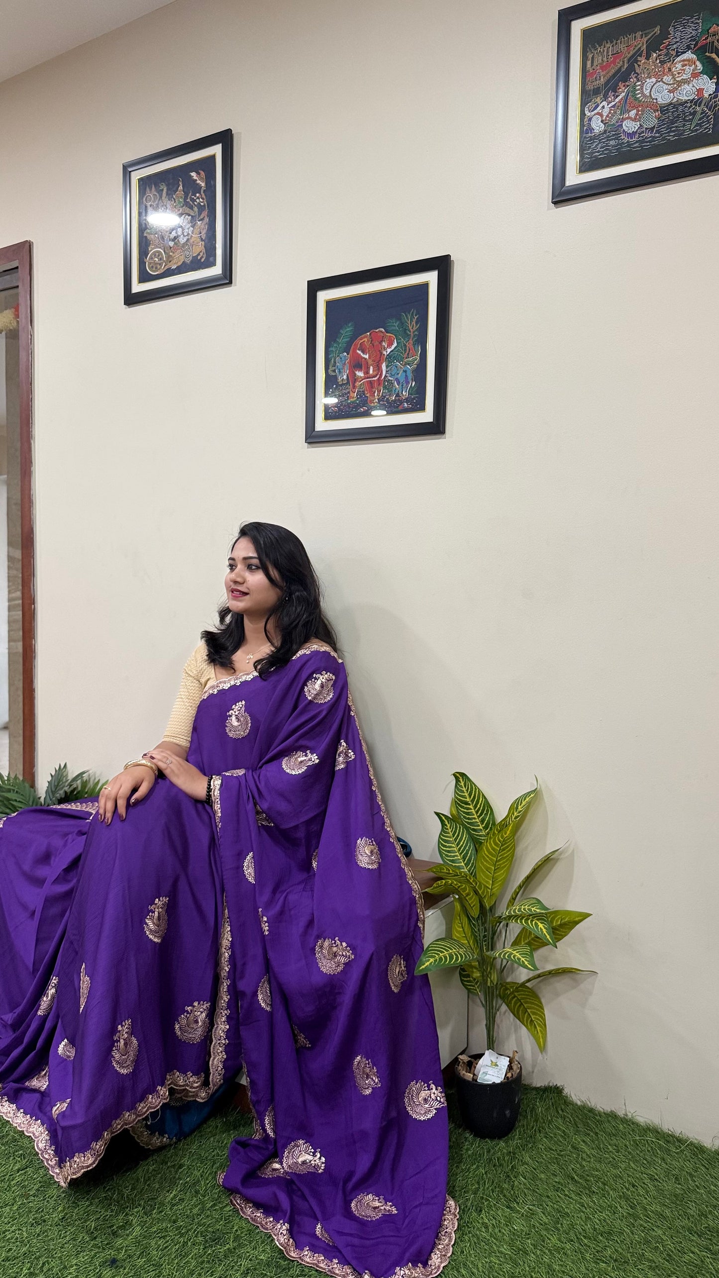 Embroidered Chinnon Fancy Saree