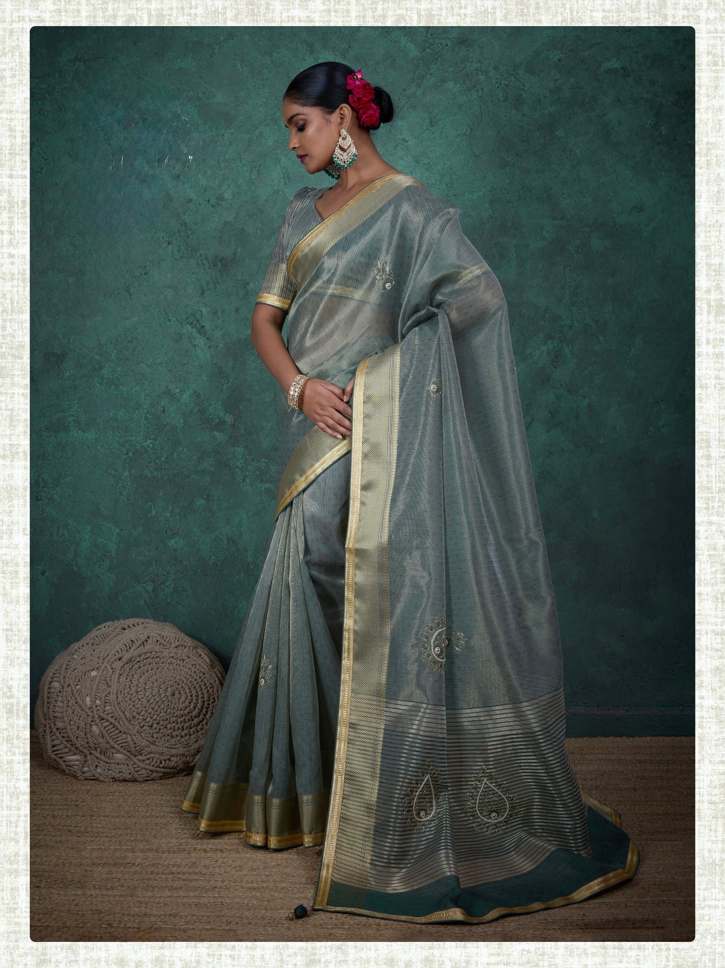 linen tissue saree with handwork motifs, lace detailing, and designer blouse – lightweight ethnic wear for women