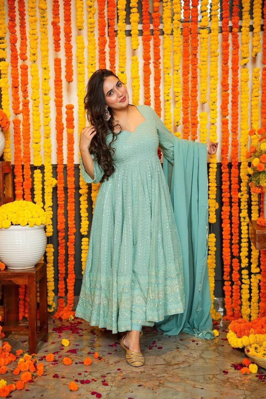 Pastel Blue Pure Fox Georgette Multi Floral Print Anarkali Set