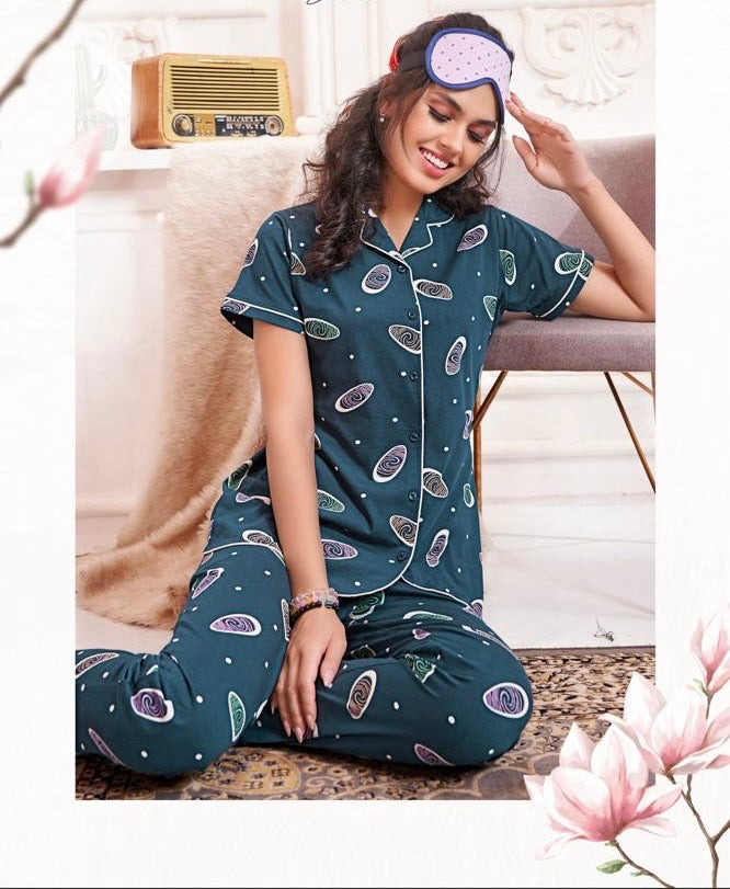 Printed Sinker Fabric Collar Night Suit Set – Women’s Loungewear & Nightwear (M to 2XL)