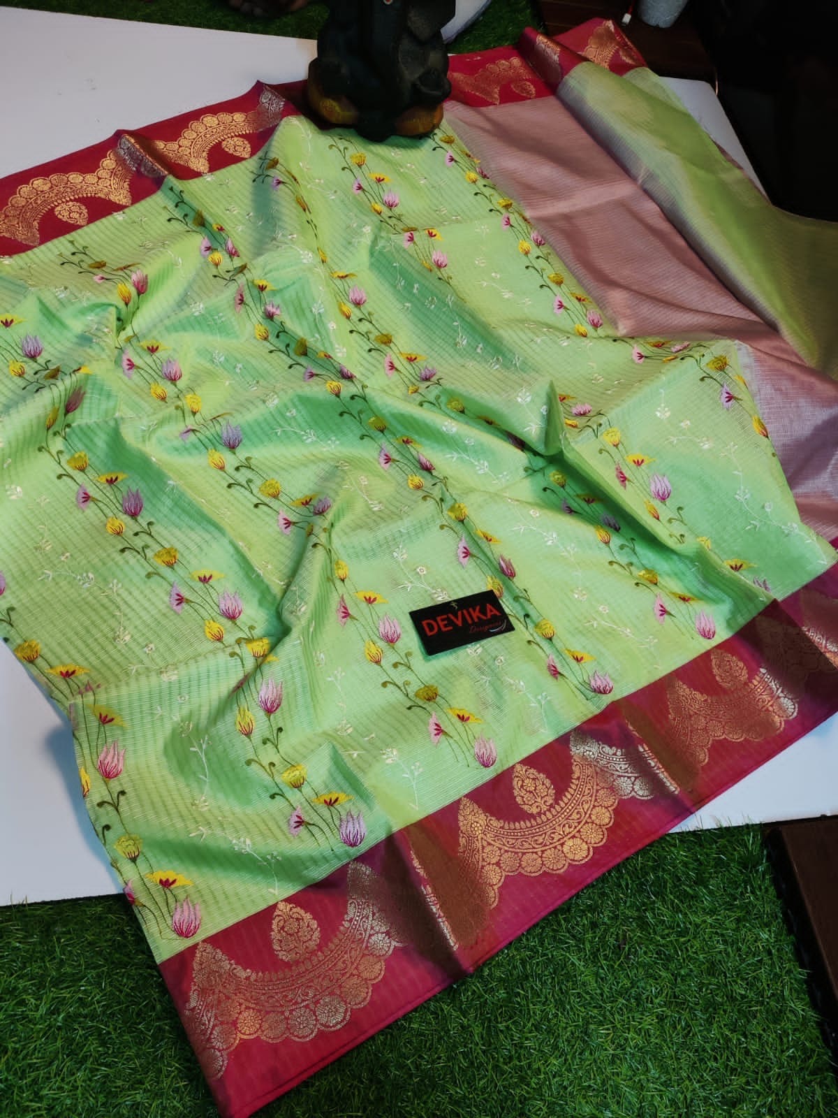 Banarasi Handloom - New Arrivals - Kota Check fabric and intricate multi-color Mina embroidery