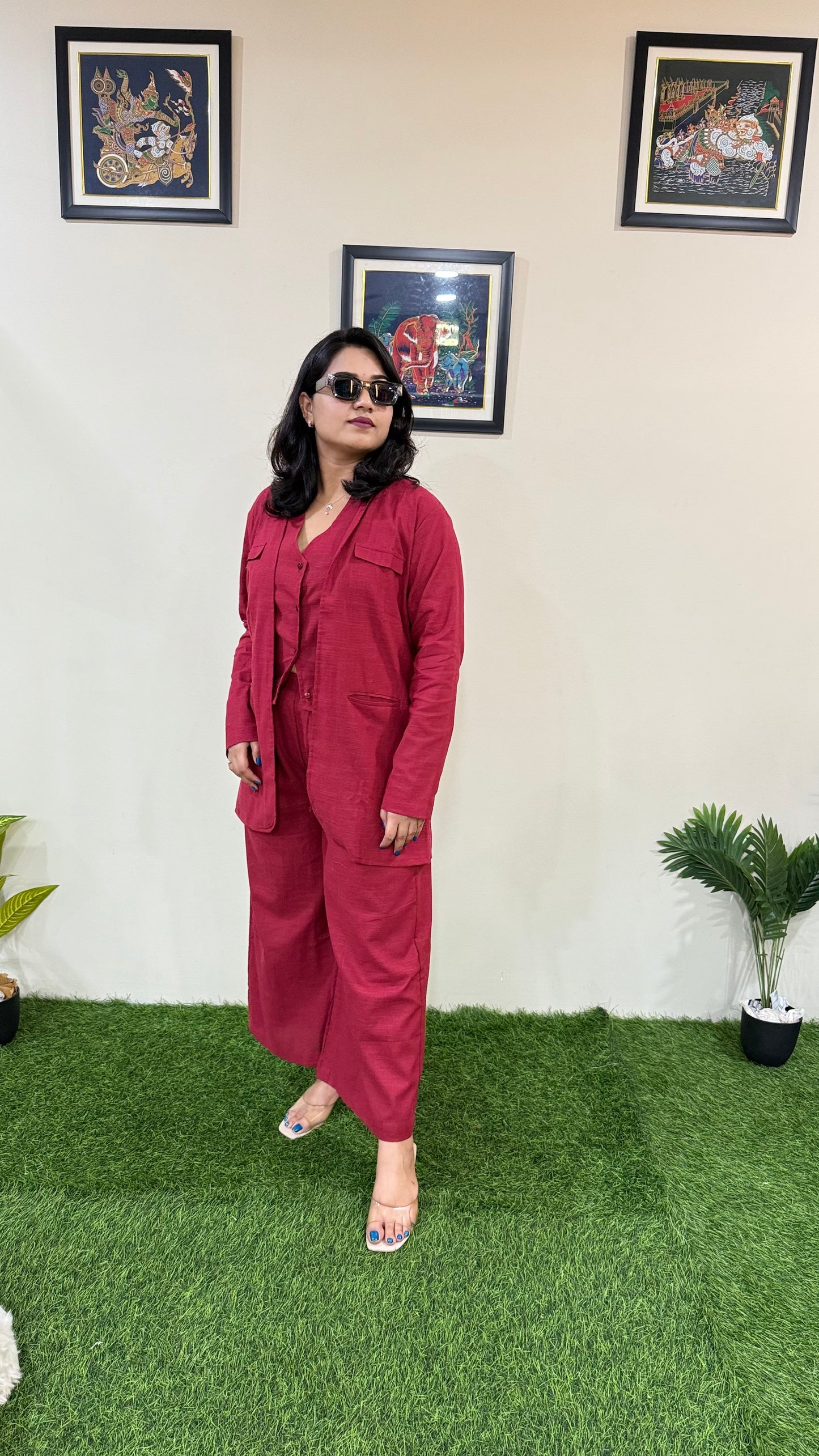 Bell-Bottom Pants with Halter Neck Waistcoat and Long Blazer