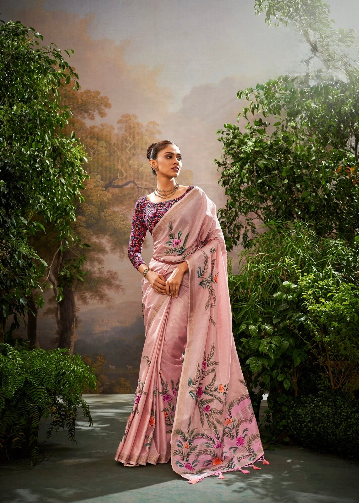 Soft Linen Tissue Saree with Hand Brush Print and Kalamkari Blouse – Festive and Wedding Wear