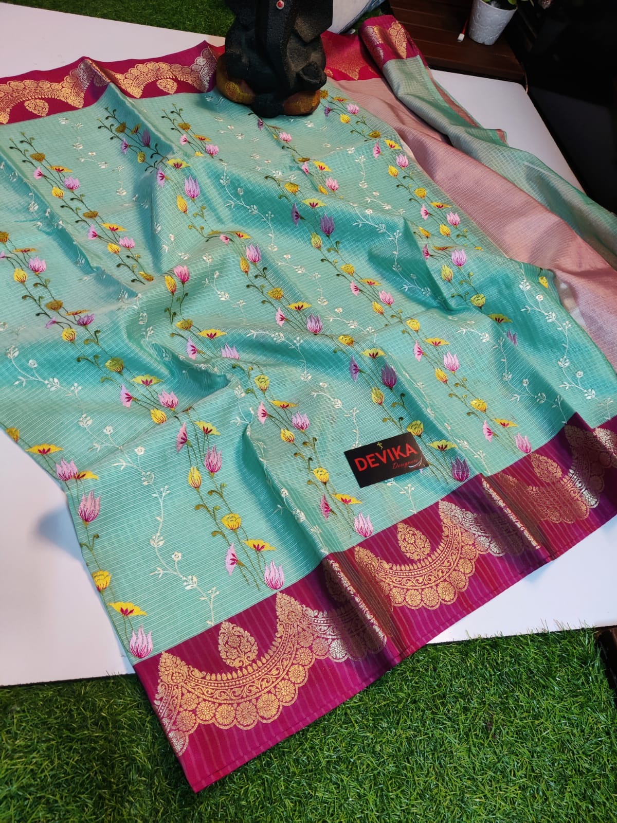 Banarasi Handloom - New Arrivals - Kota Check fabric and intricate multi-color Mina embroidery