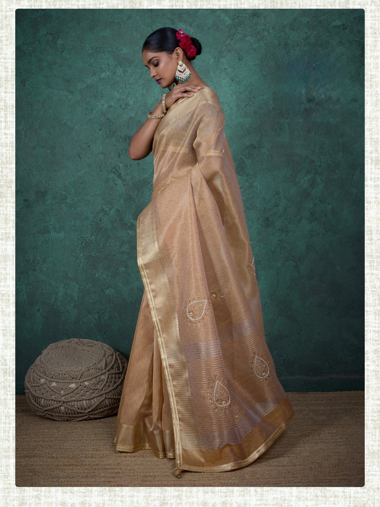 linen tissue saree with handwork motifs, lace detailing, and designer blouse – lightweight ethnic wear for women