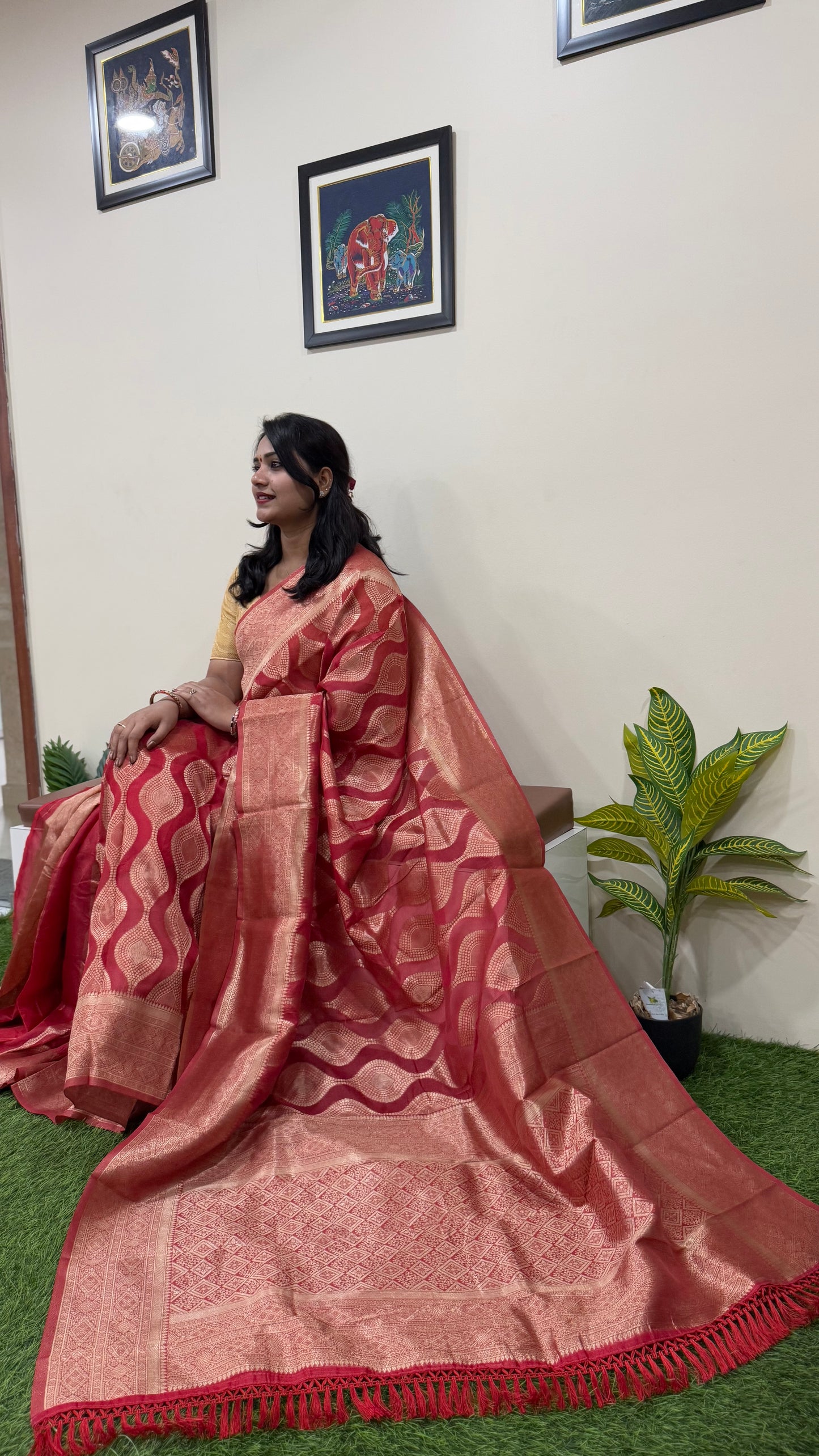 Red Organza Woven Saree Code 262