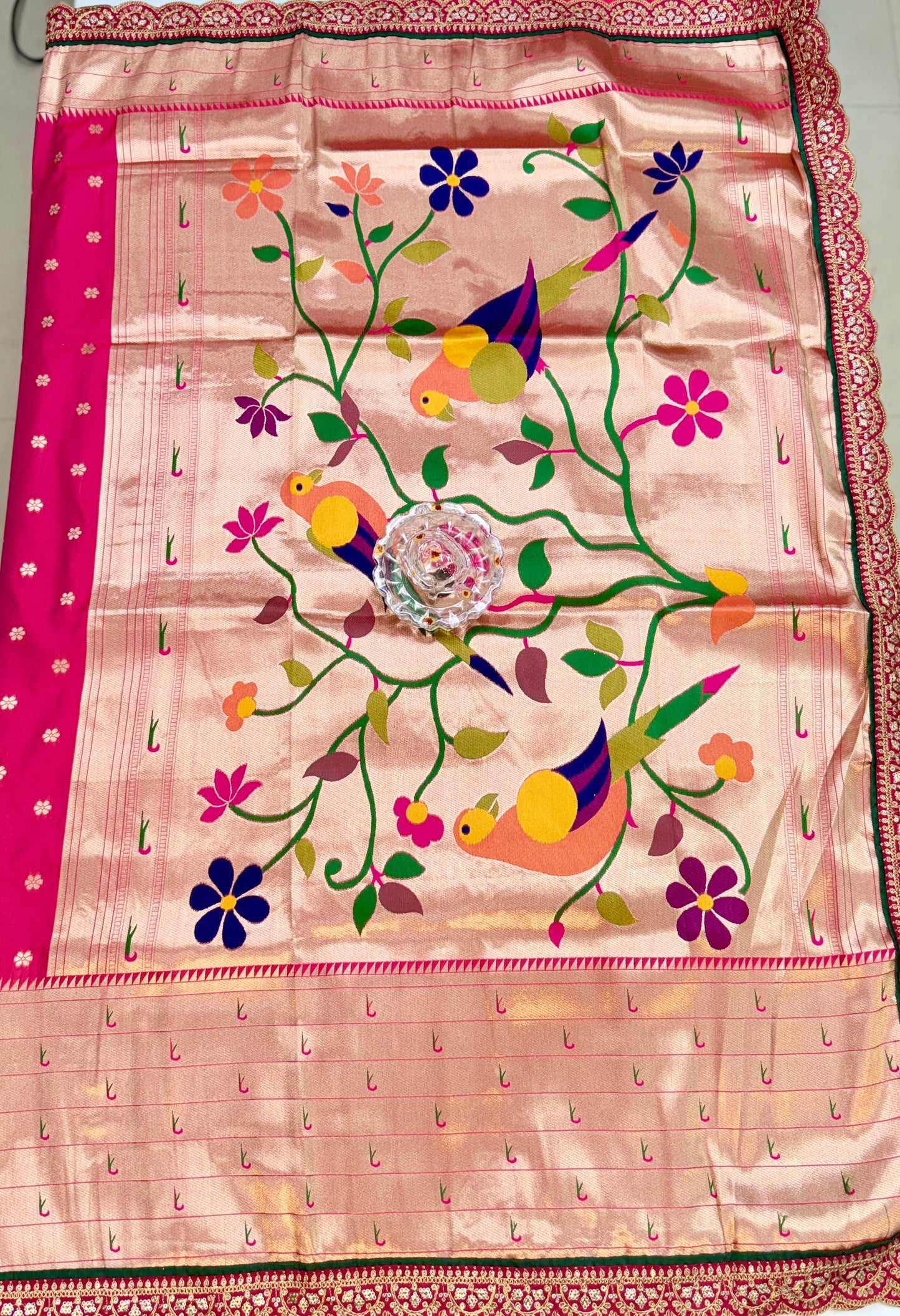Paithani Lace Border Saree with Parrot Motifs and Contrast Blouse