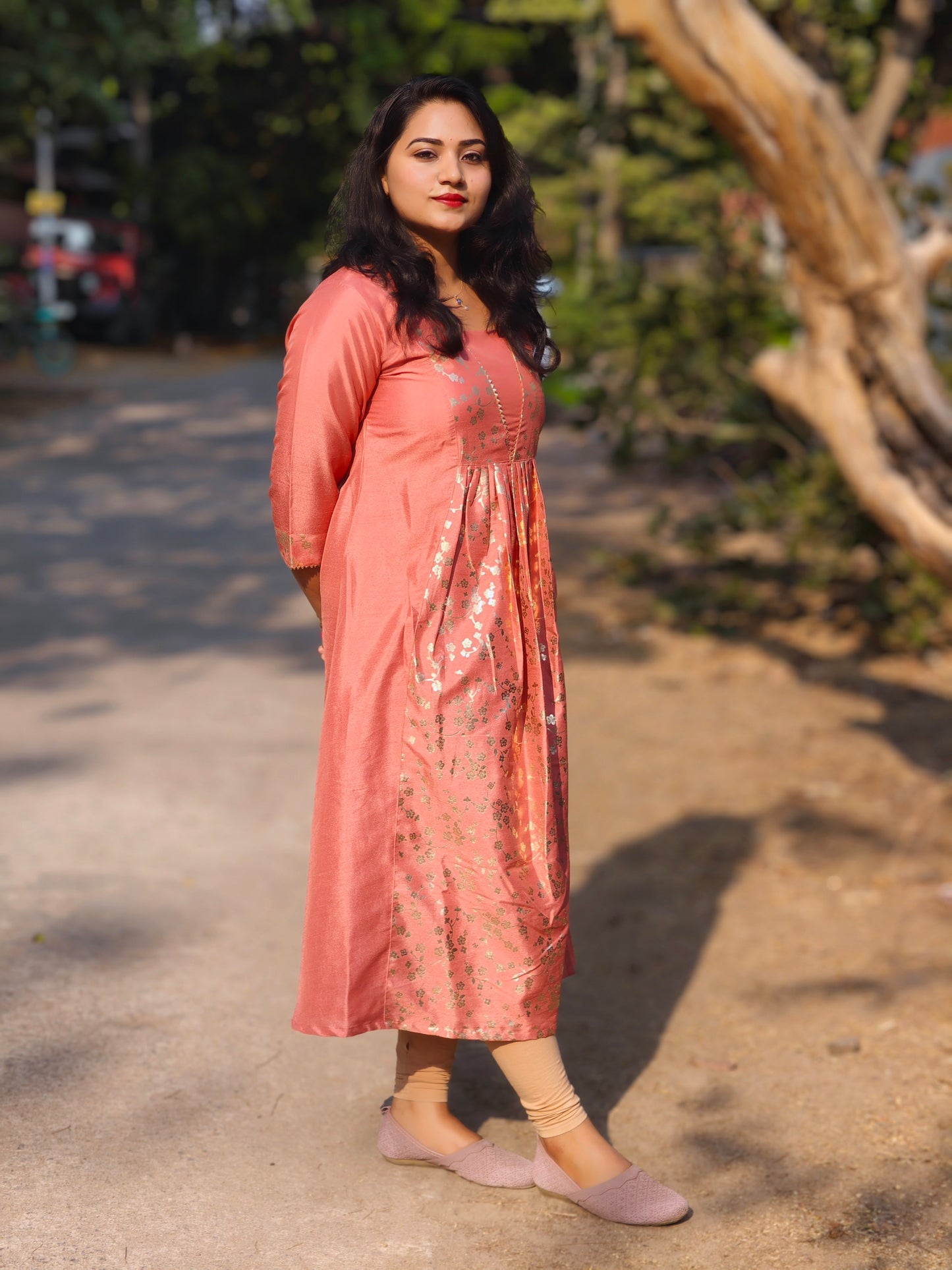 Peach Crepe Silk Floral Panelled Kurta 4375