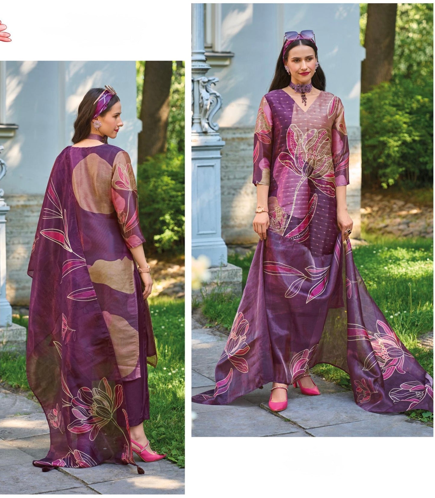 Jacquard Shimmer Kurta Pant Dupatta Set with Handwork and Digital Print Dupatta – L to 3XL