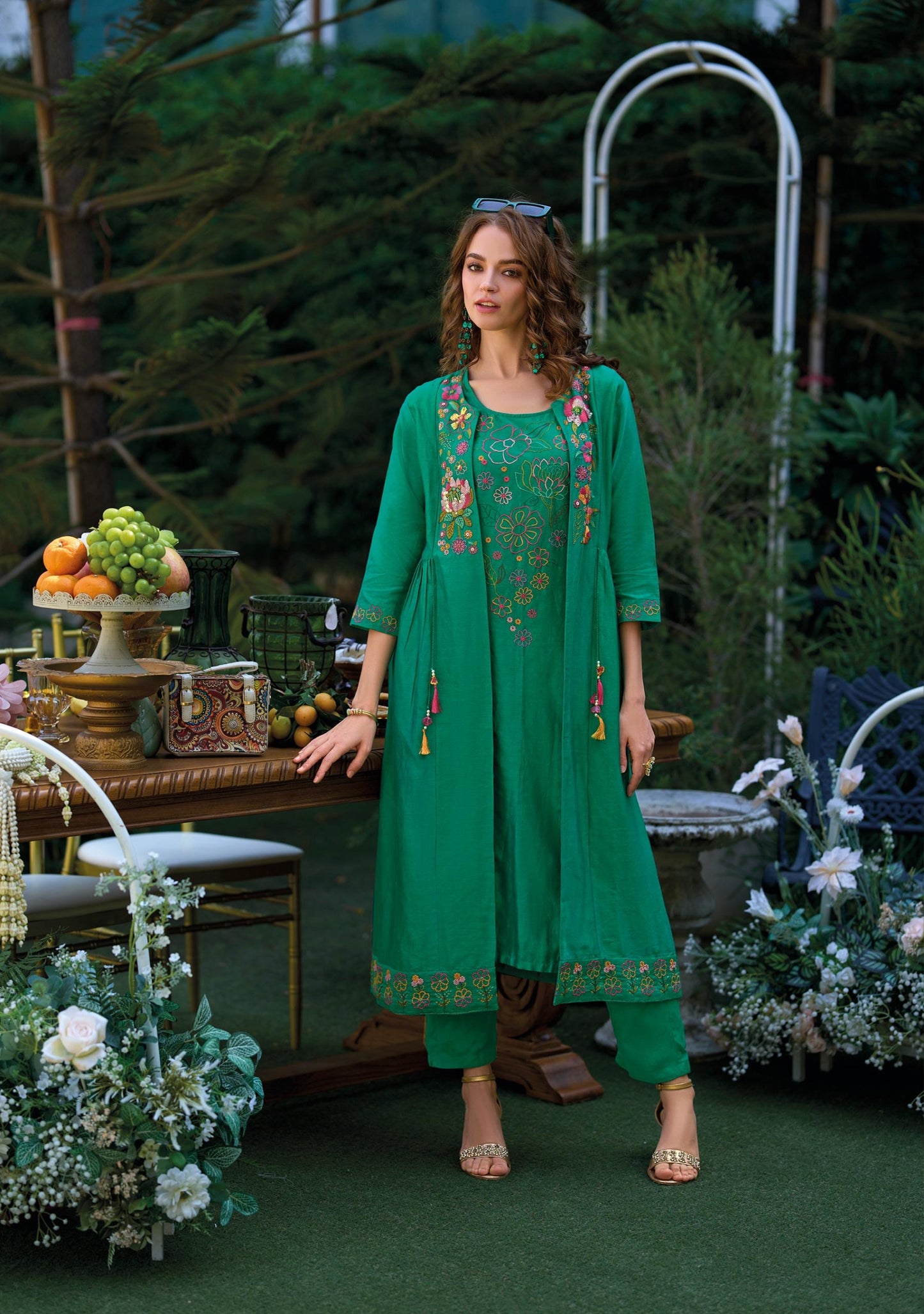 Viscose Organza 3-Piece Suit Set with Hand Embroidery and Silk Pants for Women