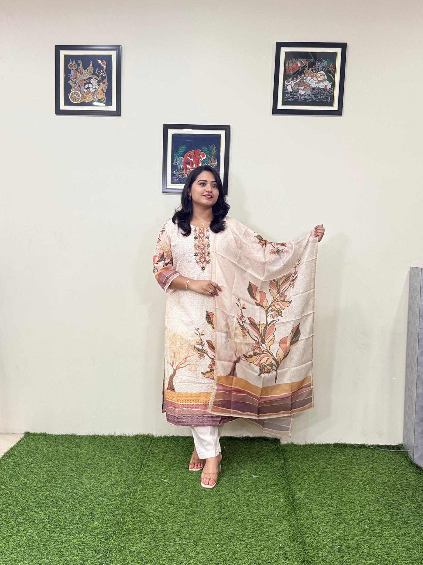 Cotton Schiffli Digital Print Suit Set with Muslin Dupatta and Khatli Handwork – L to 3XL