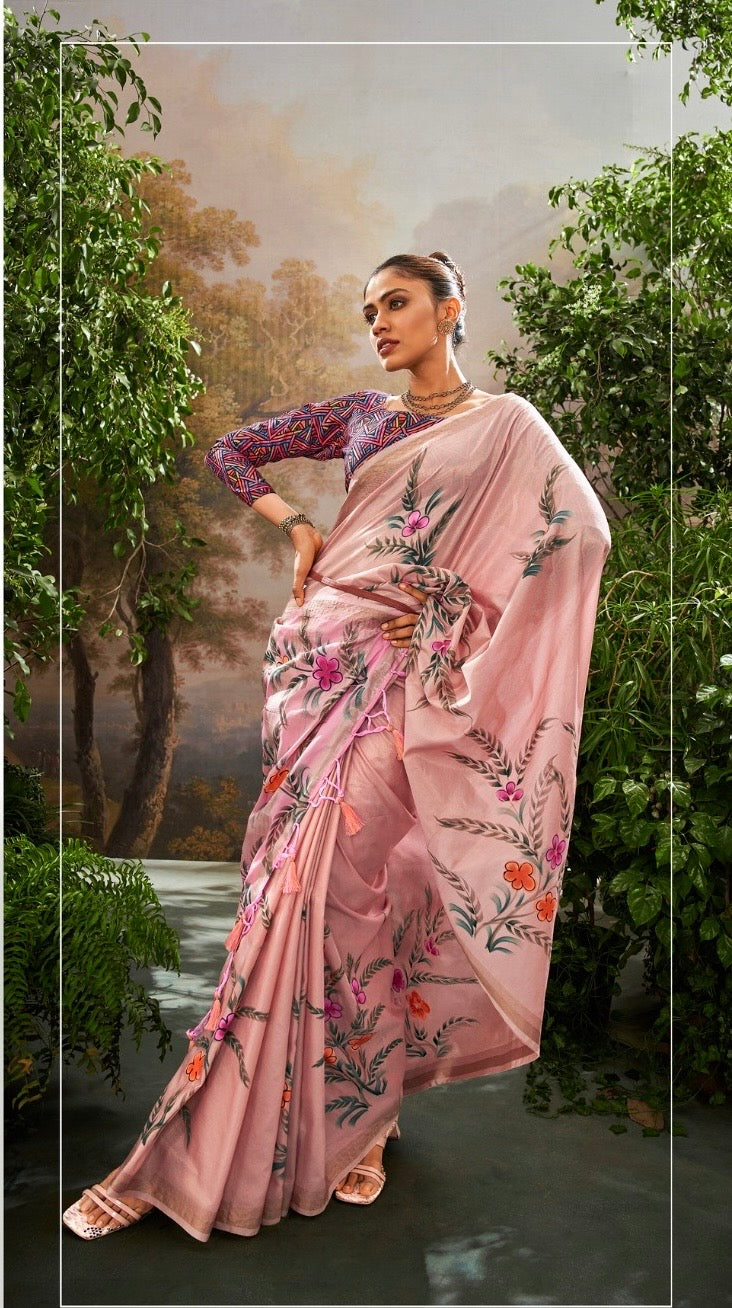Soft Linen Tissue Saree with Hand Brush Print and Kalamkari Blouse – Festive and Wedding Wear