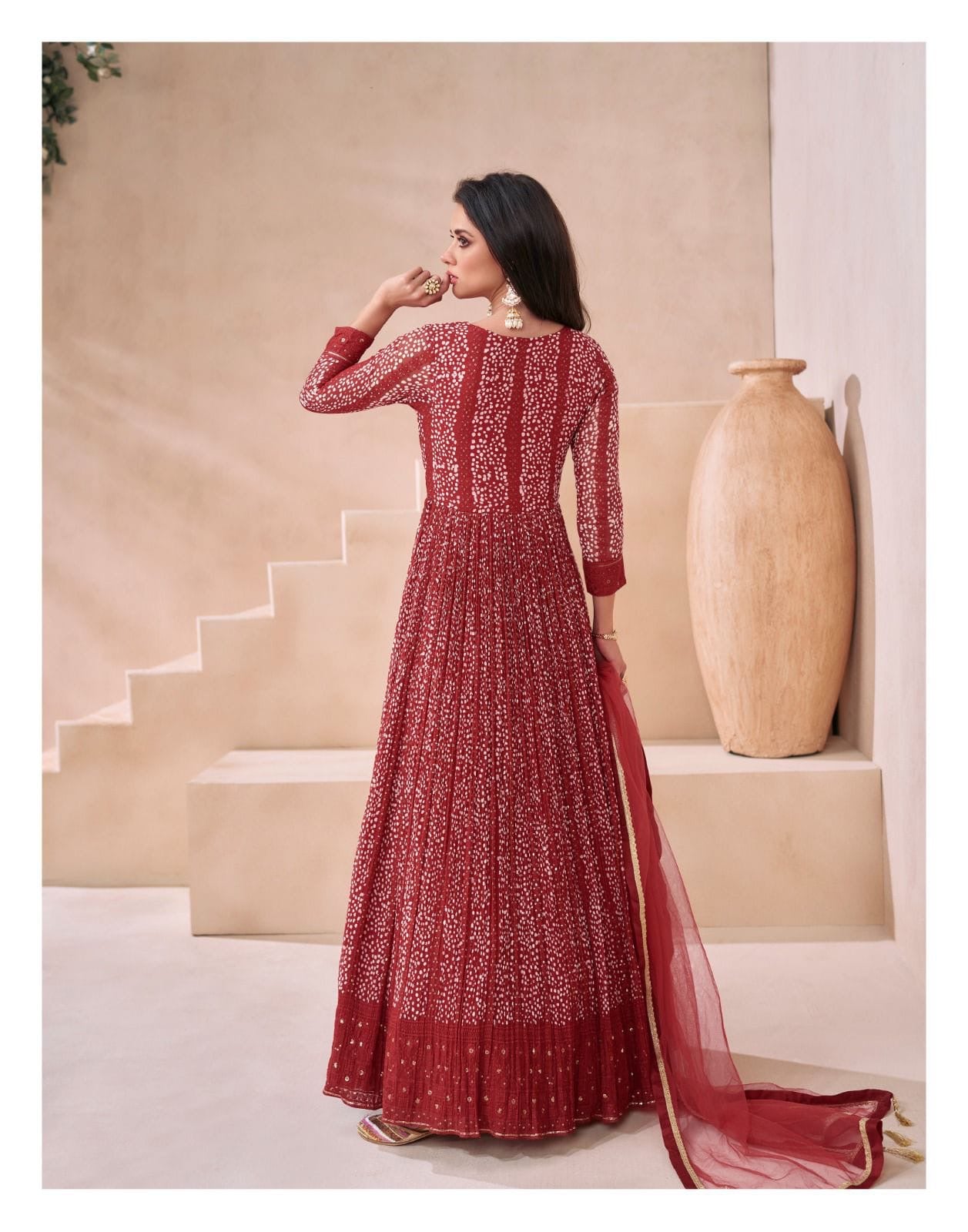 Real Georgette 2-Piece Embroidered Ethnic Set with Net Dupatta – Free Size Stitched Festive Wear for Women