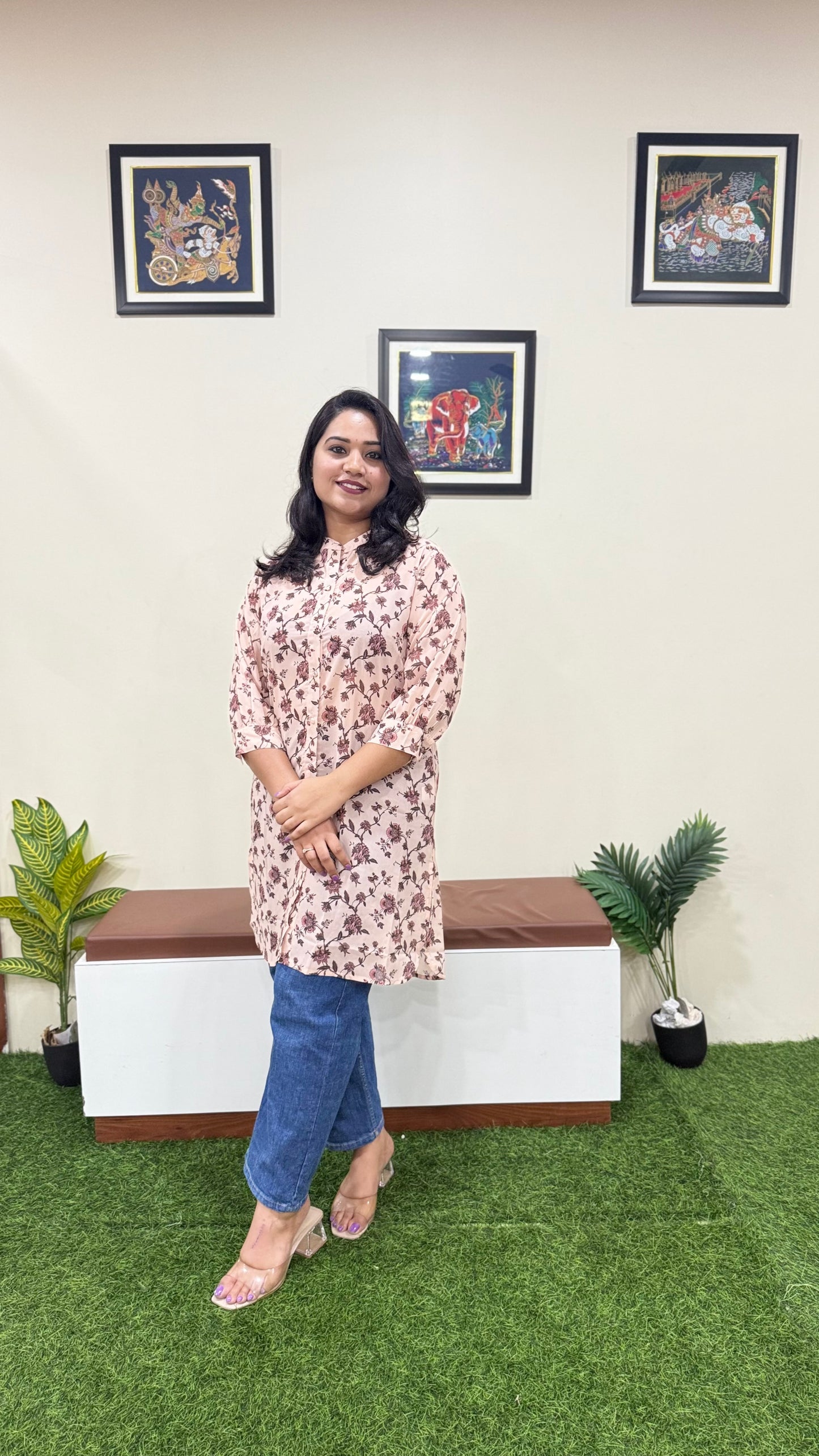 Beige Georgette Floral Printed Regular Tunic