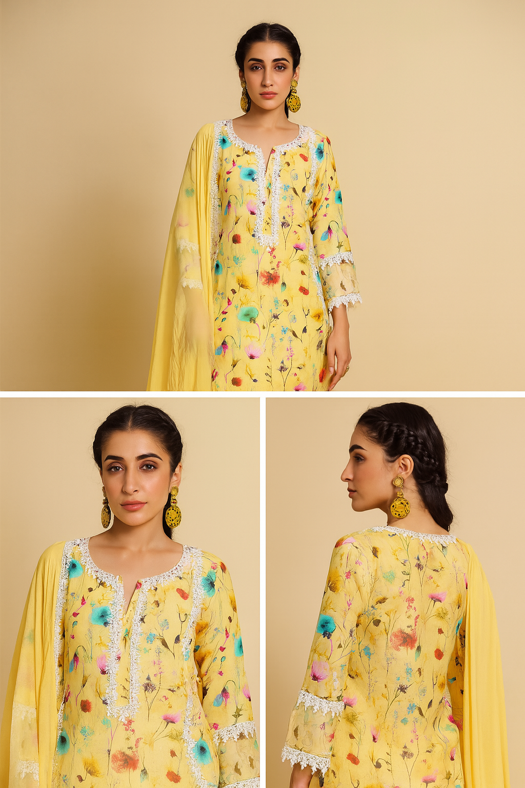 Linen Cotton Kurti Pant Set with Nazmin Dupatta and Lace Work – Plus Sizes Available