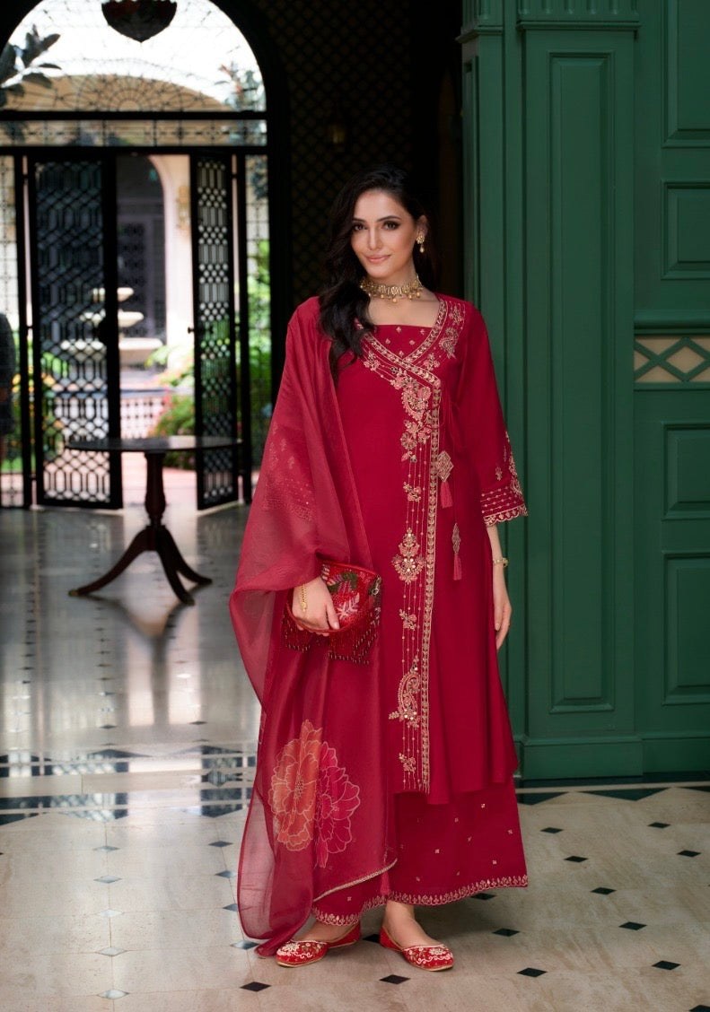 Women’s Roman Silk Angrakhha Kurti Set with Embroidery and Organza Dupatta – XL to XXL