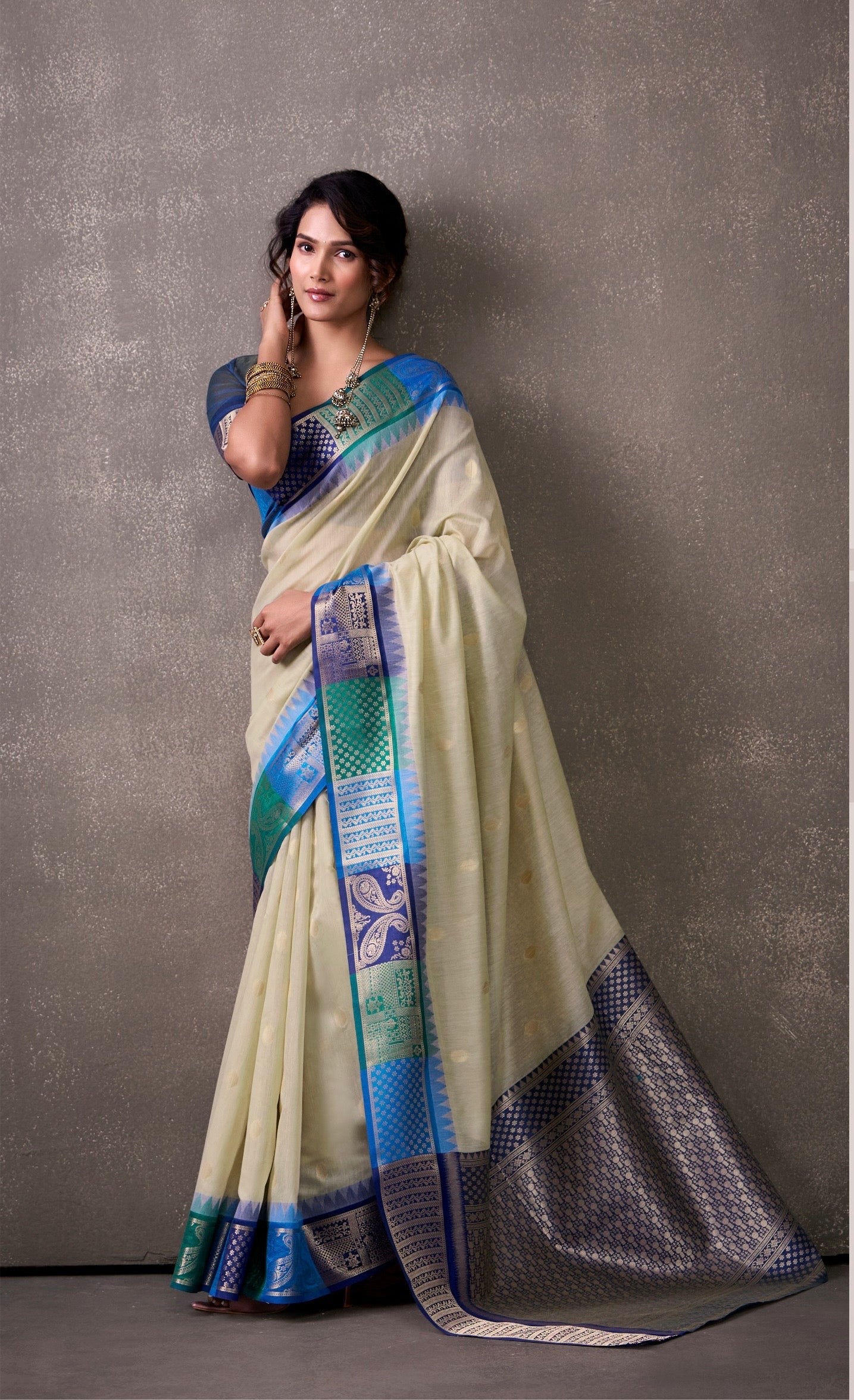 royal modal cotton saree with zari border and contrast blouse – festive ethnic wear for women
