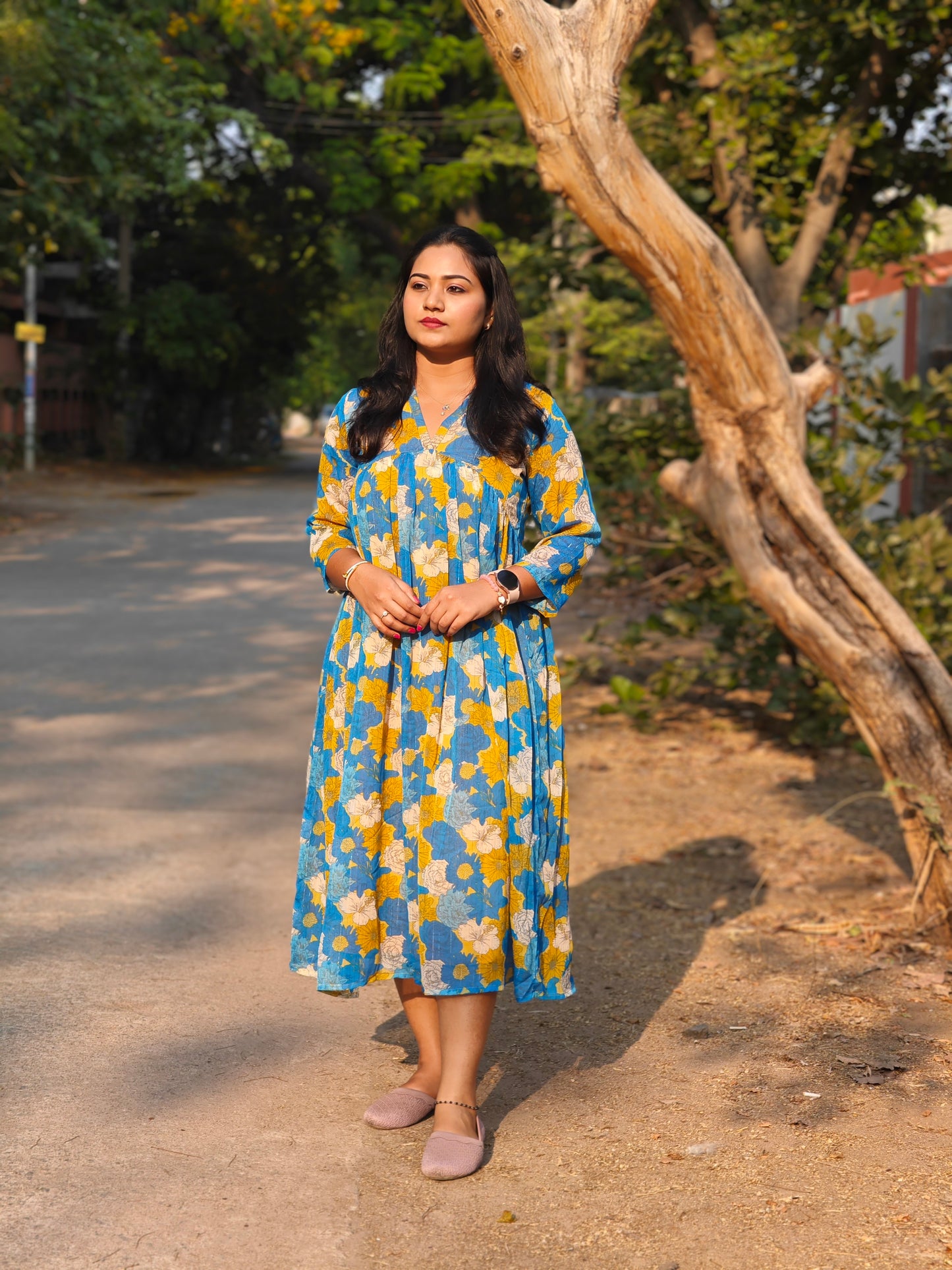 Blue Chiffon Lurex Floral Printed Flared Dress