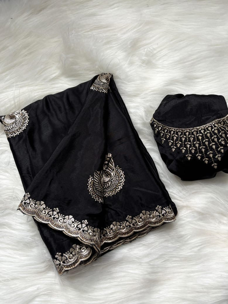 Embroidered Chinnon Fancy Saree