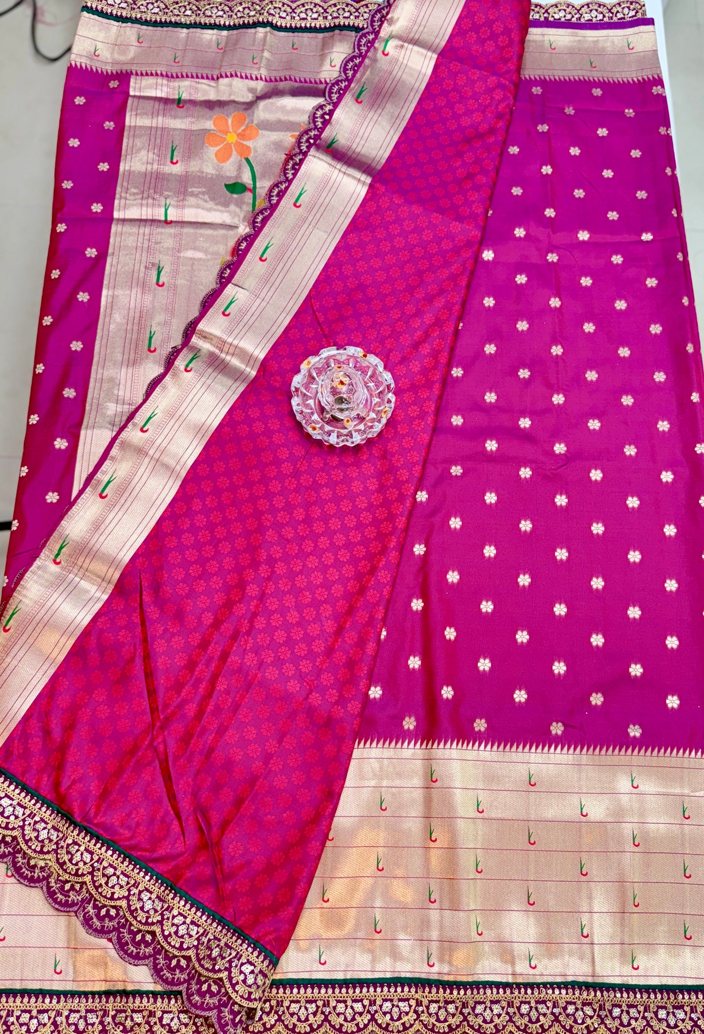 Paithani Lace Border Saree with Parrot Motifs and Contrast Blouse