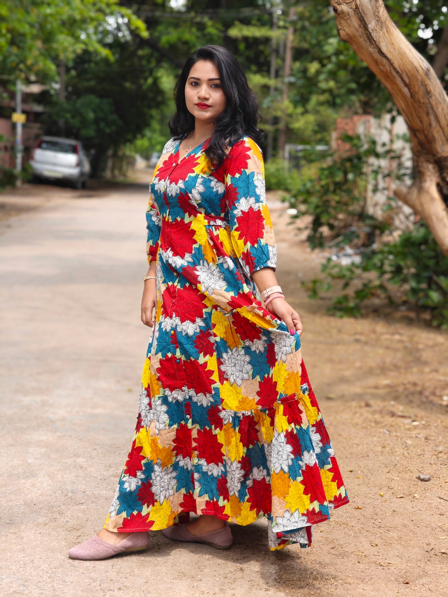 Radiant Blooms Floral Panelled Flared Dress MF4410