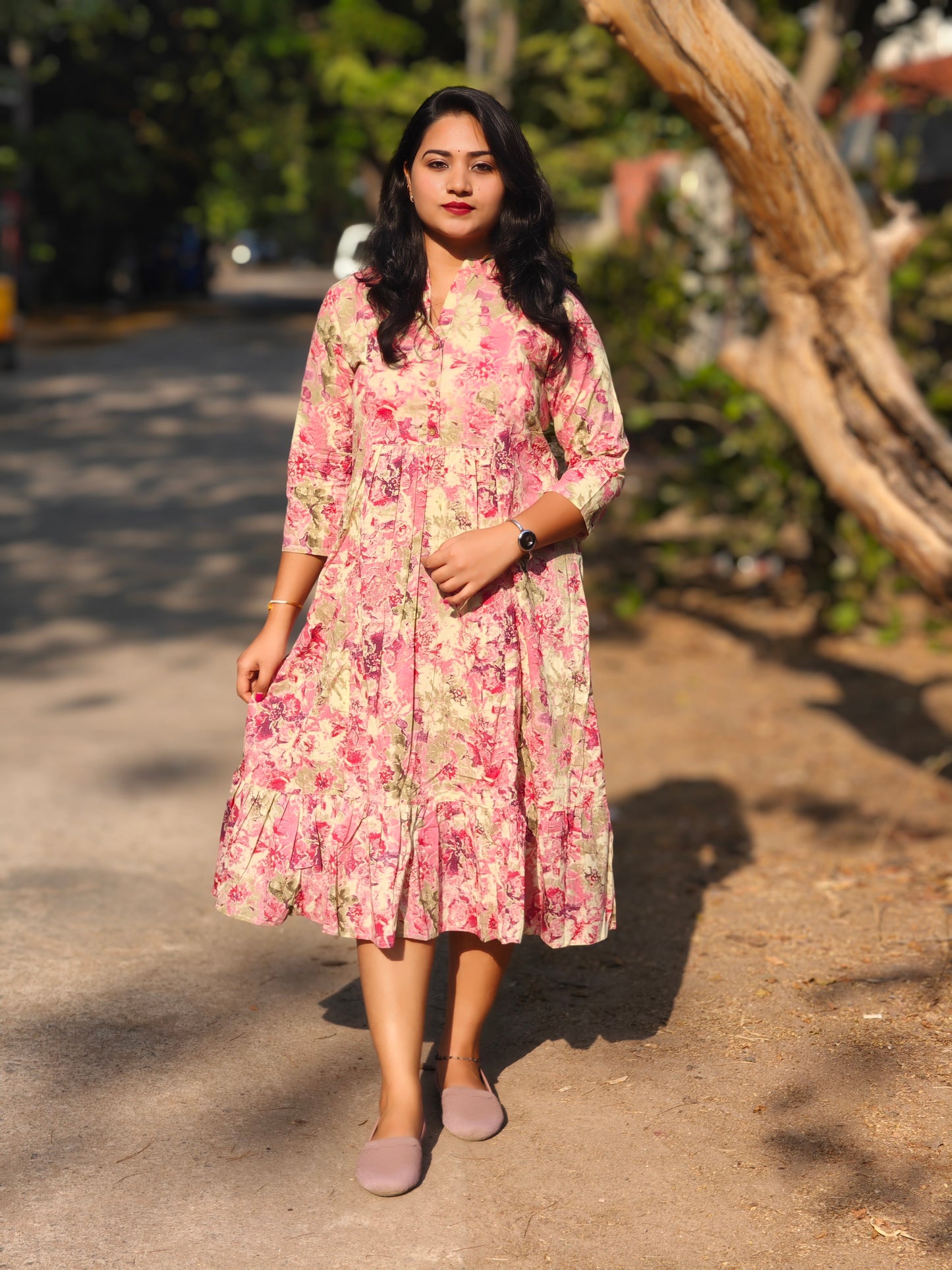 Pink Cotton Abstract Gathered Dress JAA182