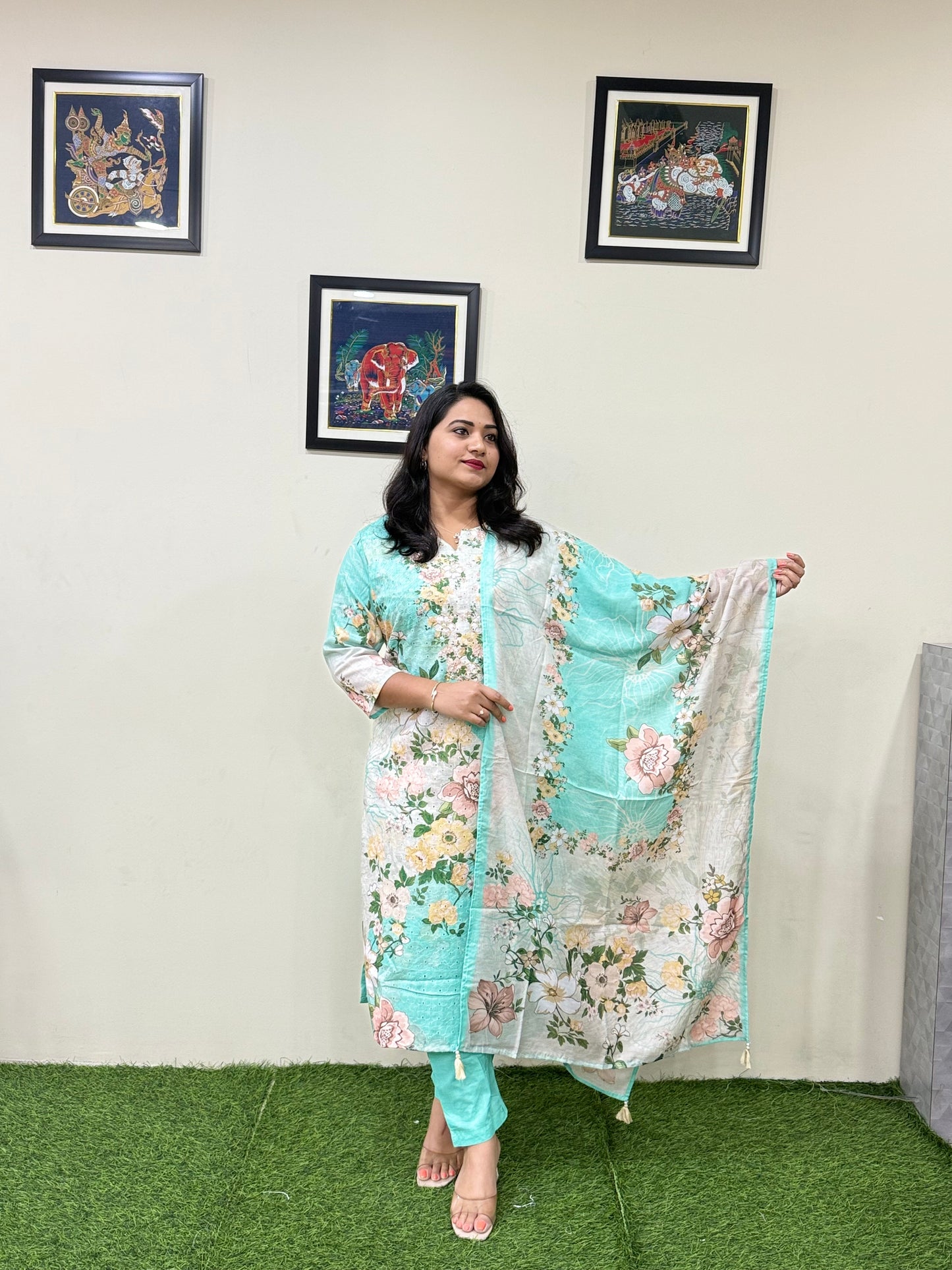 Women’s Linen Schiffli Embroidered Kurta Set with Cotton Pant and Viscose Mal Dupatta – L to 3XL