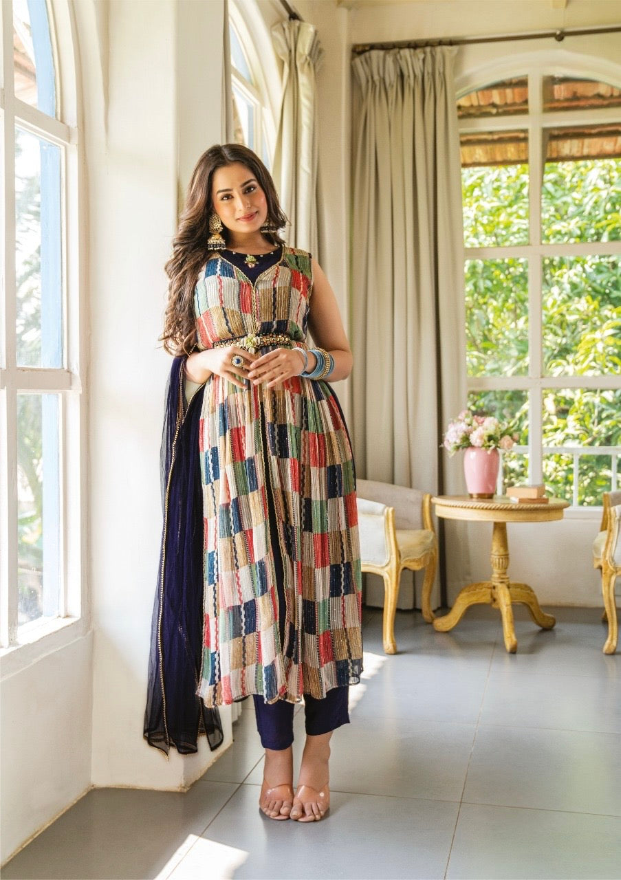 Nyra Cut Crochet Georgette Kurti Set with Jaam Silk Pant, Net Dupatta and Handwork Belt – Sizes L, XL