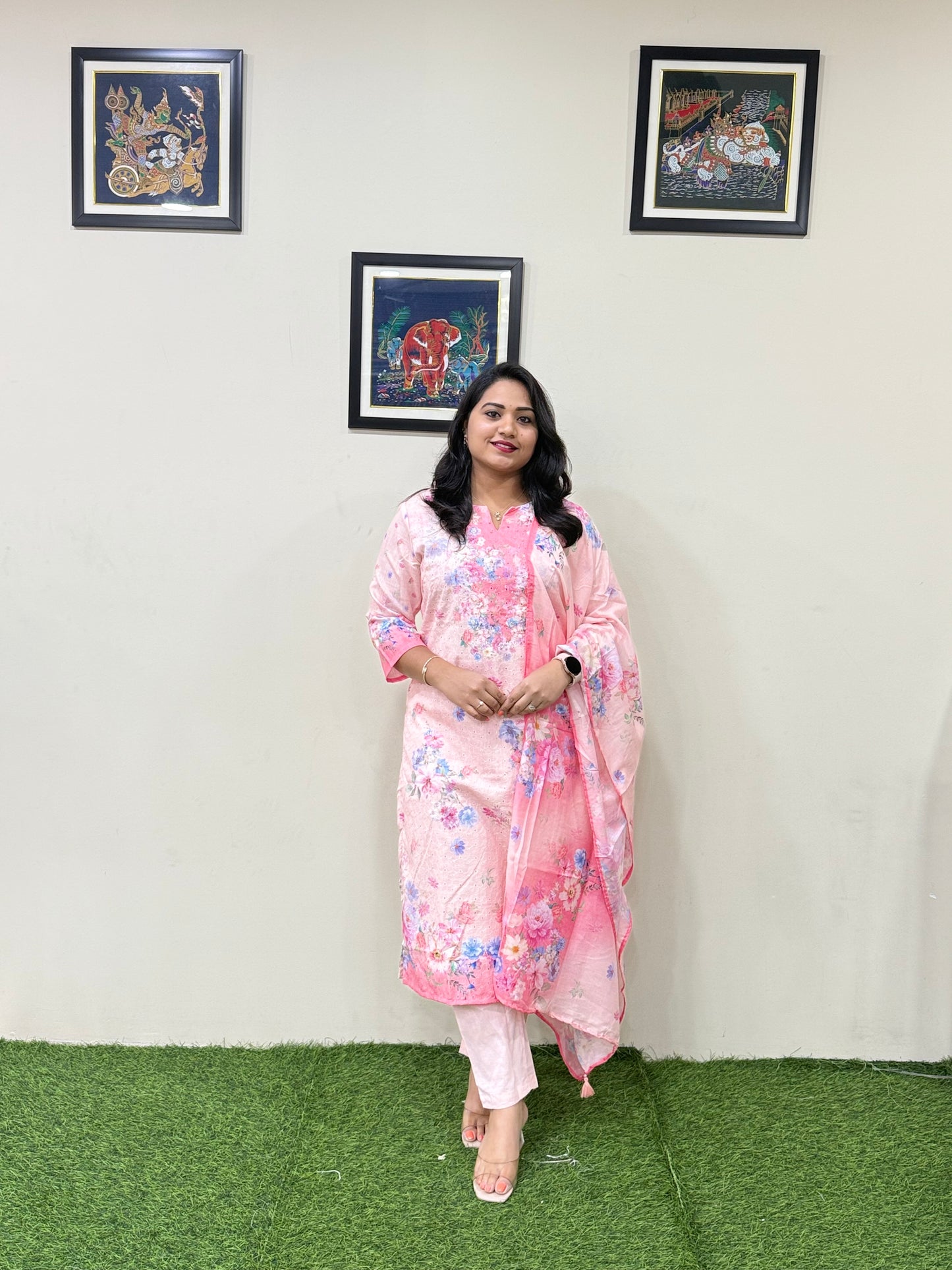 Women’s Linen Schiffli Embroidered Kurta Set with Cotton Pant and Viscose Mal Dupatta – L to 3XL